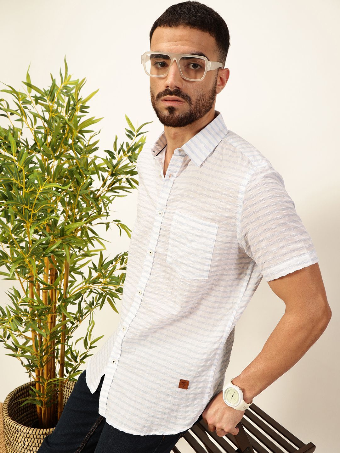 

Thomas Scott Men Premium Spread Collar Seersucker Checks Cotton Casual Shirt, White