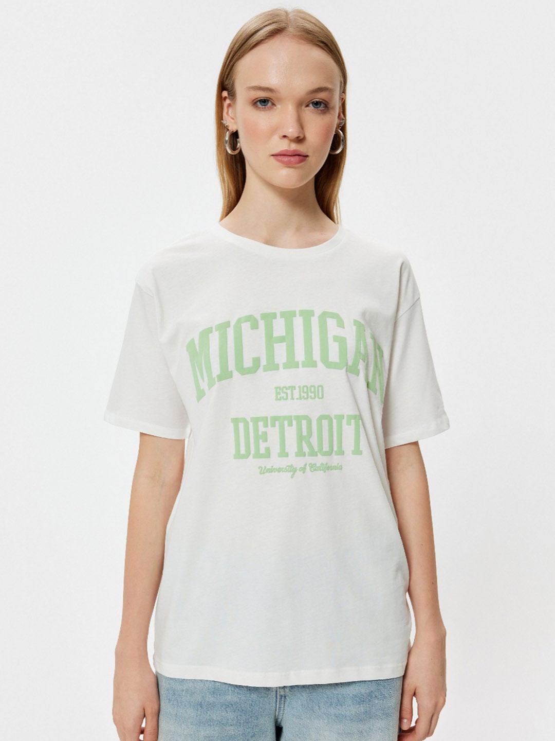 

Koton Women Varsity Printed Round Neck Cotton Oversized T-Shirt, Beige
