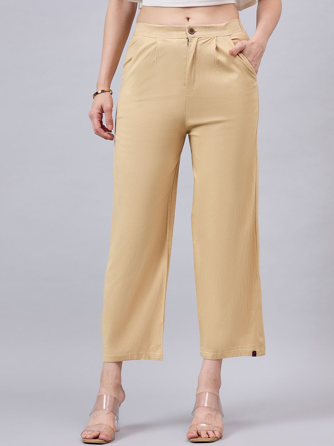 

THE PAJAMA FACTORY Women Solid Smart High-Rise Pleated Trousers, Nude