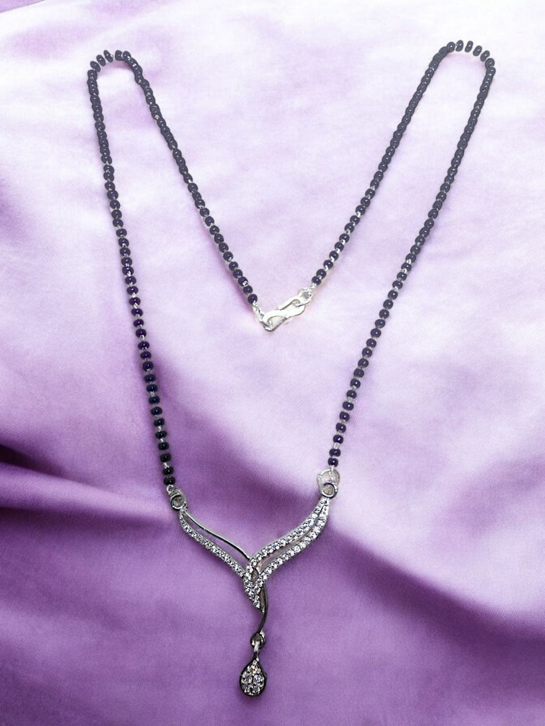 

Manikya Rhodium Plated American Diamond Stone Studded & Beaded Mangalsutra, Silver