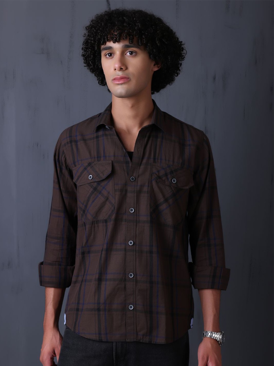 

FILO HEVIS Spread Collar Double Pocket Cotton Check Shirt, Brown