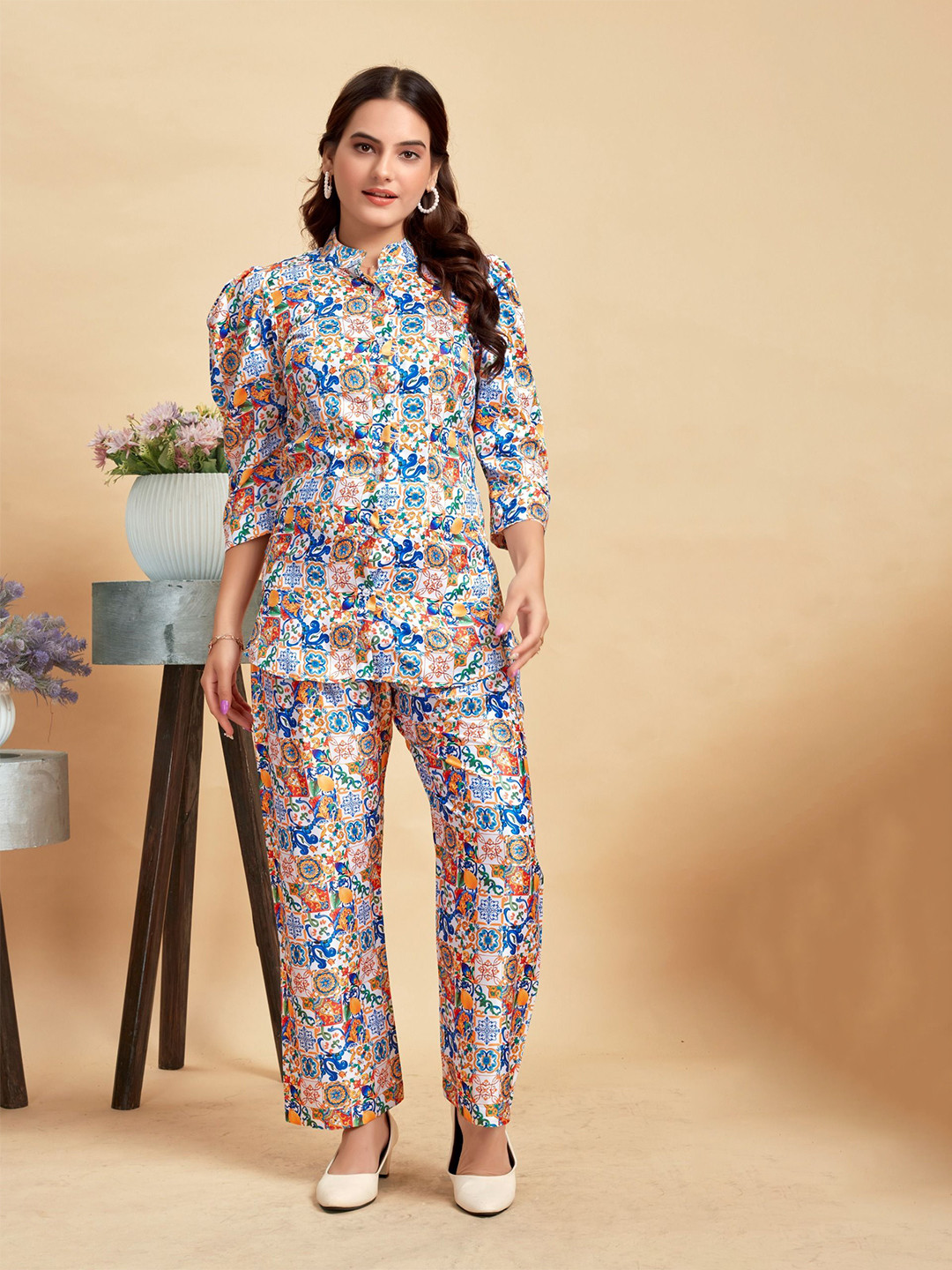 

ANAMSA Printed Mandarin Collar Top With Trouser, Blue