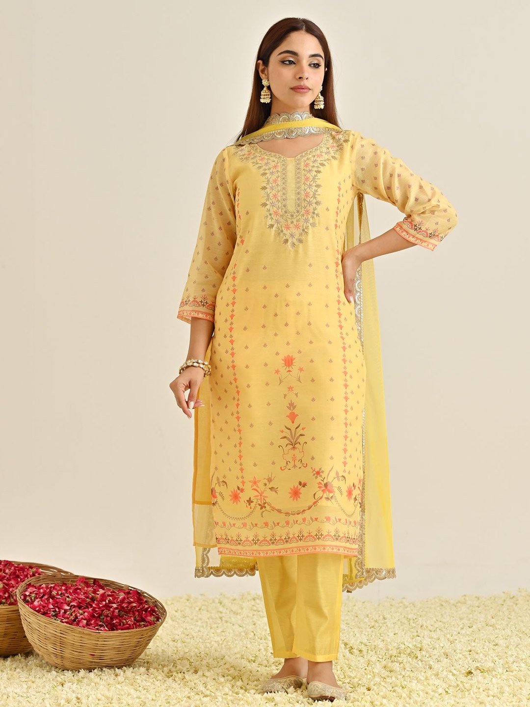 

Rustorange Printed V-Neck Thread Work Pure Chandari Straight Kurta With Trousers & Dupatta, Yellow