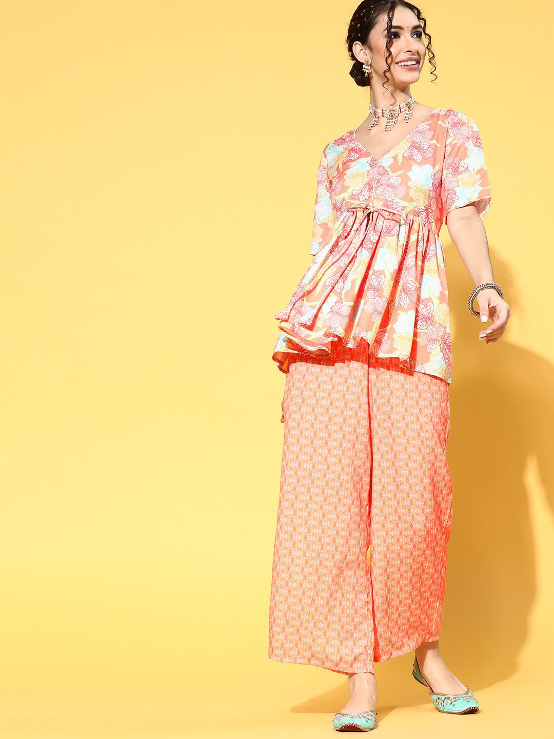 

ZIYAA Floral Printed Regular Pure Cotton Kurti With Palazzos, Peach
