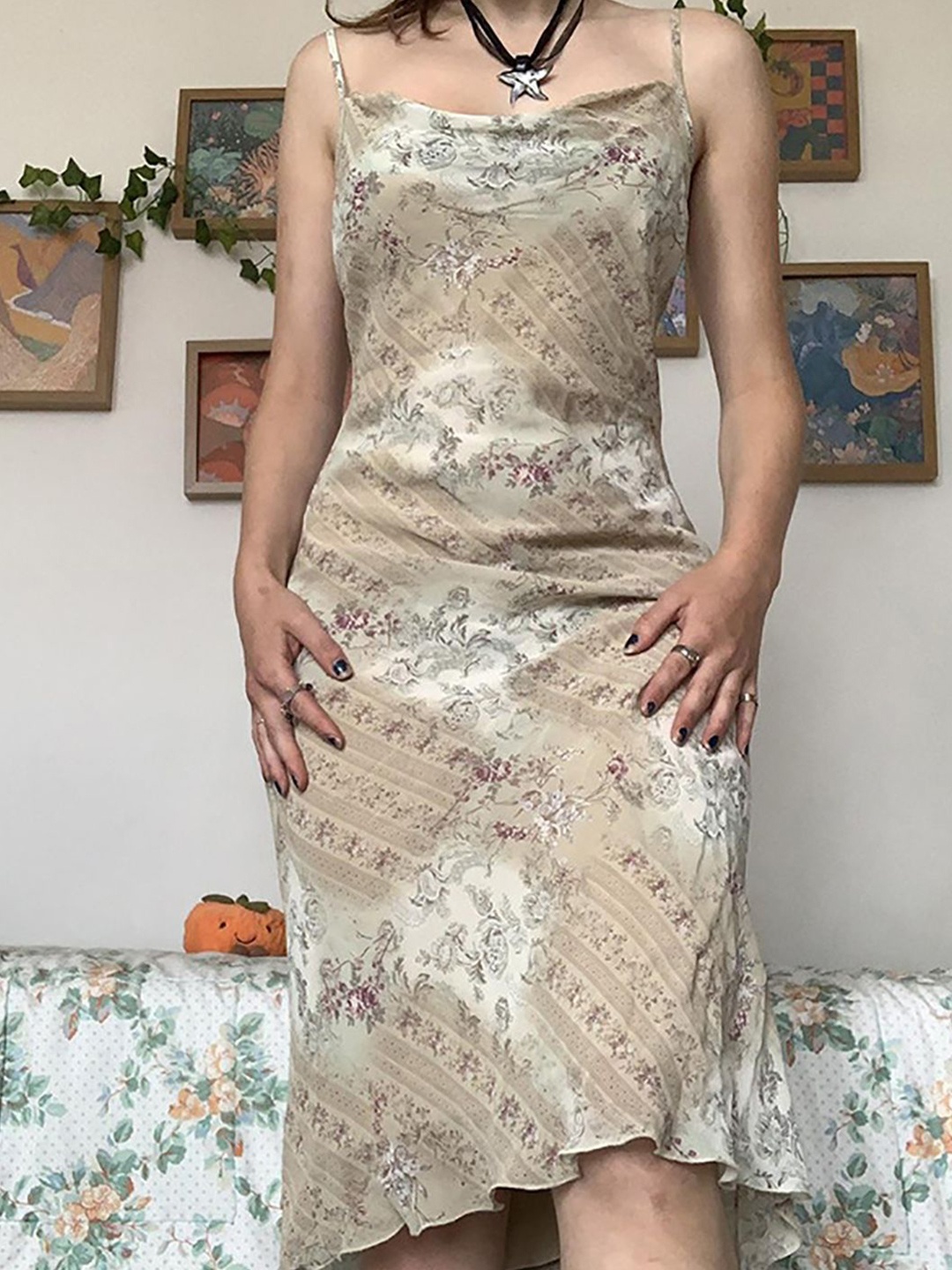 

StyleCast x Revolte Floral Printed Cowl Neck Sleeveless Sheath Dress, Khaki