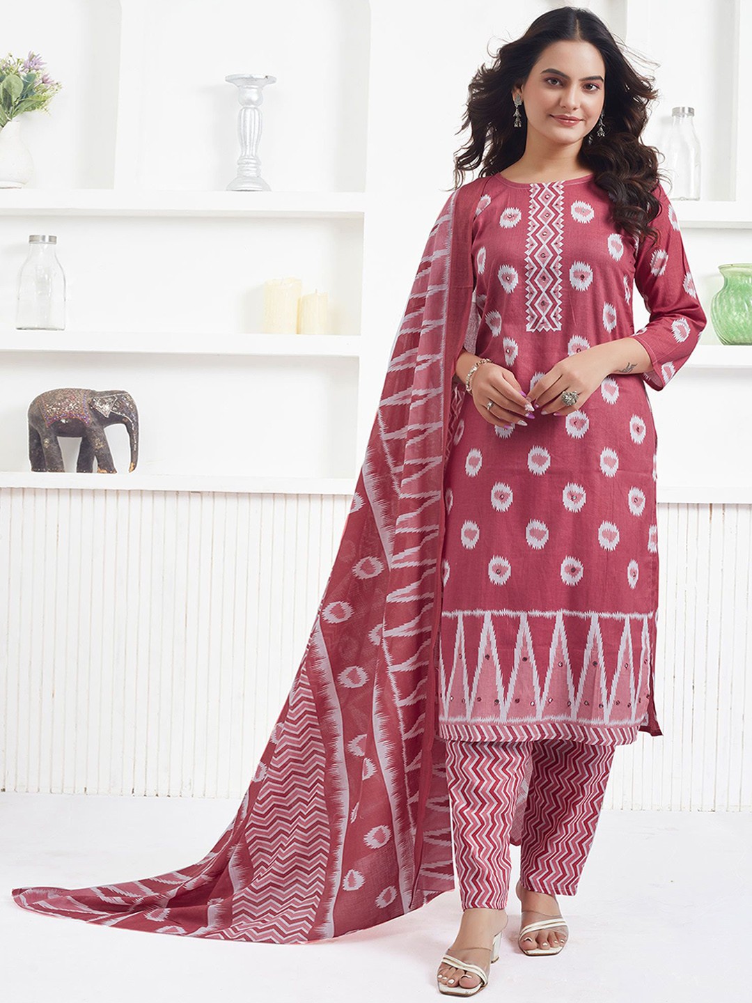 

Peachmode Geometric Printed Mirror Work Pure Cotton Straight Kurta With Trousers & Dupatta, Red