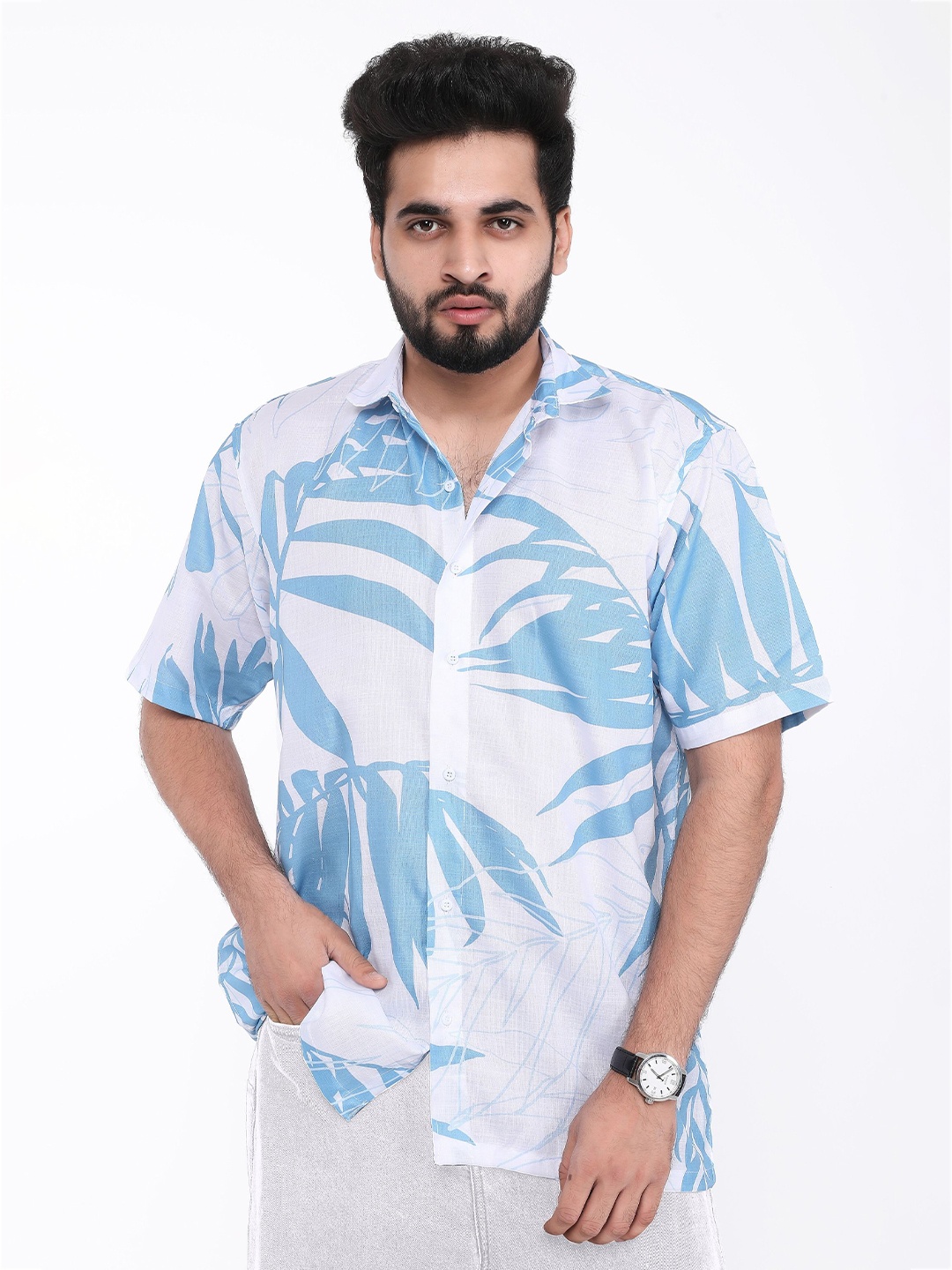 

BROWN BROTHERS Unisex Spread Collar Floral Printed Cotton Oversized Casual Shirt, Blue