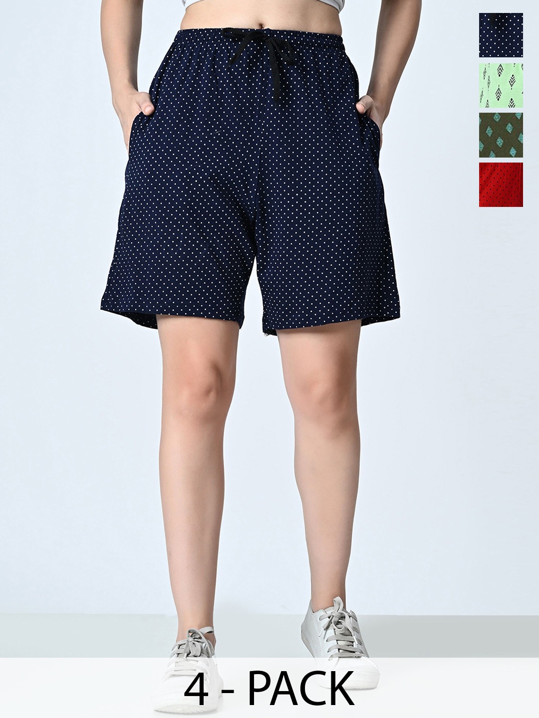 

BAESD Women Pack of 4 Printed Pure Cotton High-Rise Regular fit Shorts, Navy blue