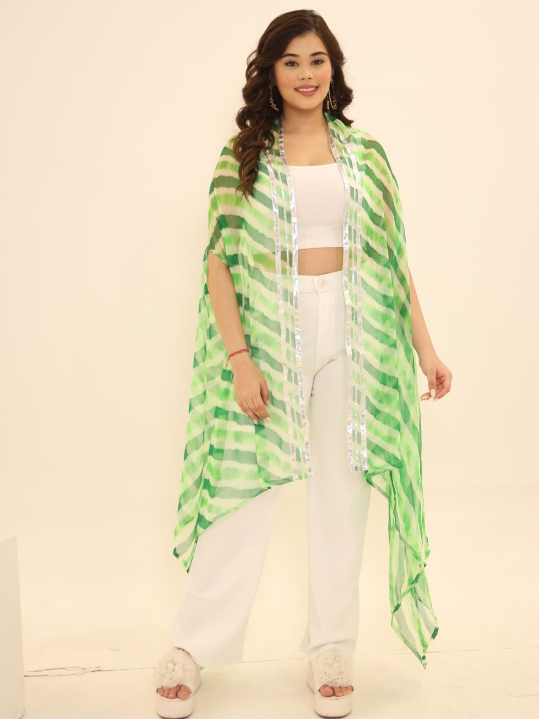 

Swadeshi Shringaar Leheriya Printed Longline Cape Shrug, Green