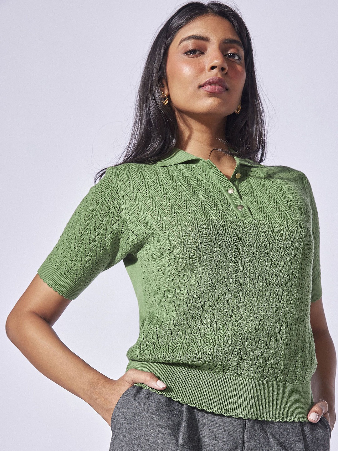 

The Label Life Solid Self Design Shirt Collar Cotton Top, Green