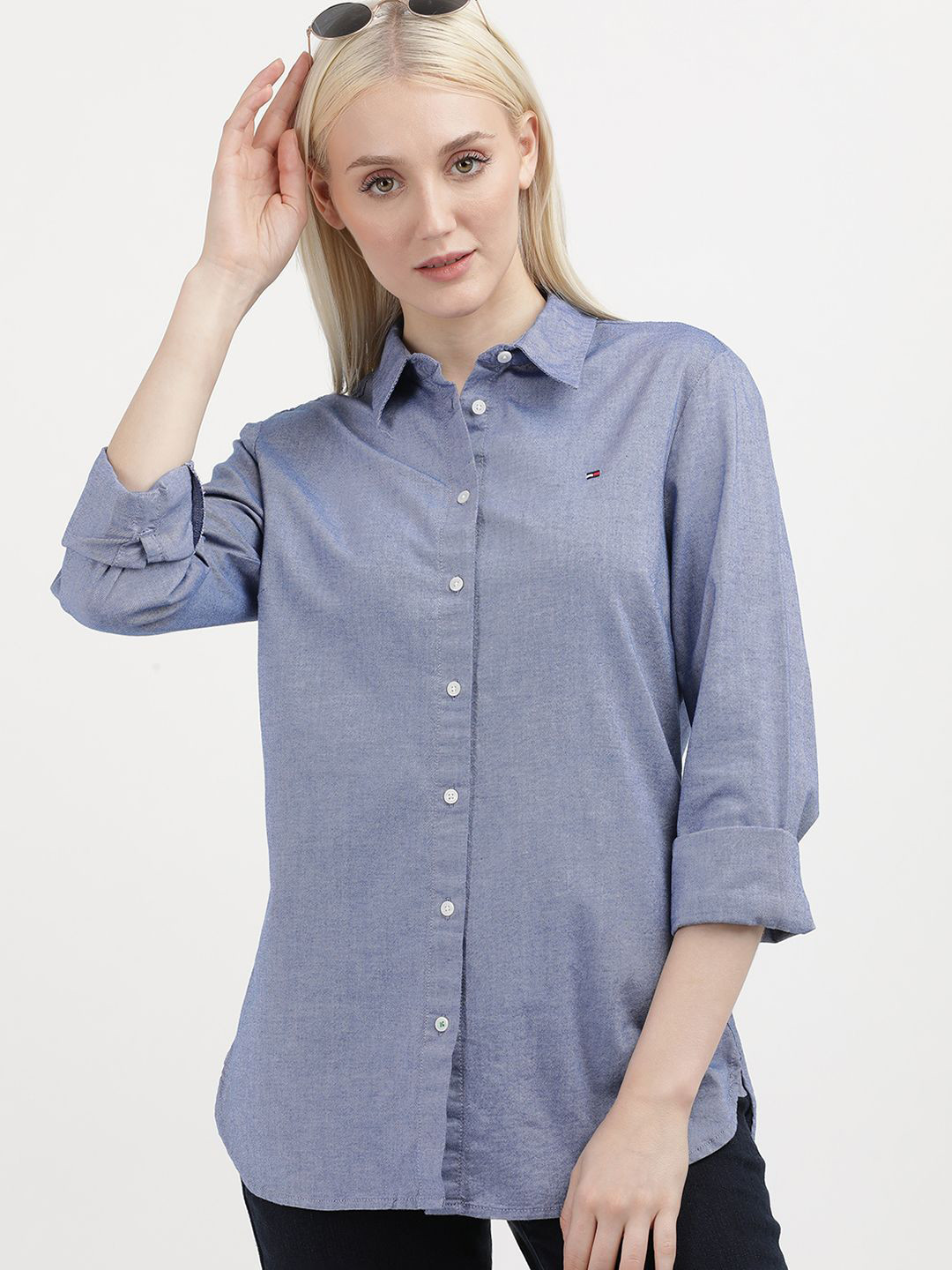 

Tommy Hilfiger Women Solid Spread Collar Casual Shirt, Blue