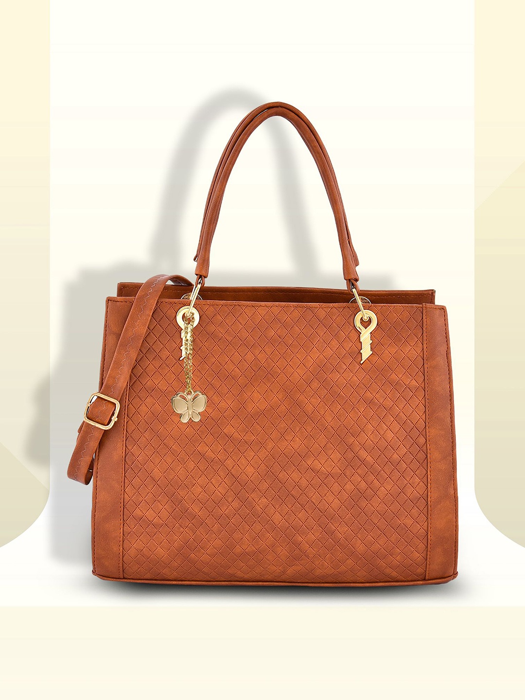 

Butterflies Colourblocked PU Shopper Handheld Bag with Quilted, Tan