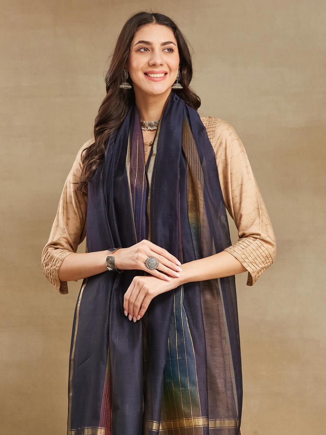 

Fabindia Woven Design Cotton Silk Dupatta With Zari, Navy blue