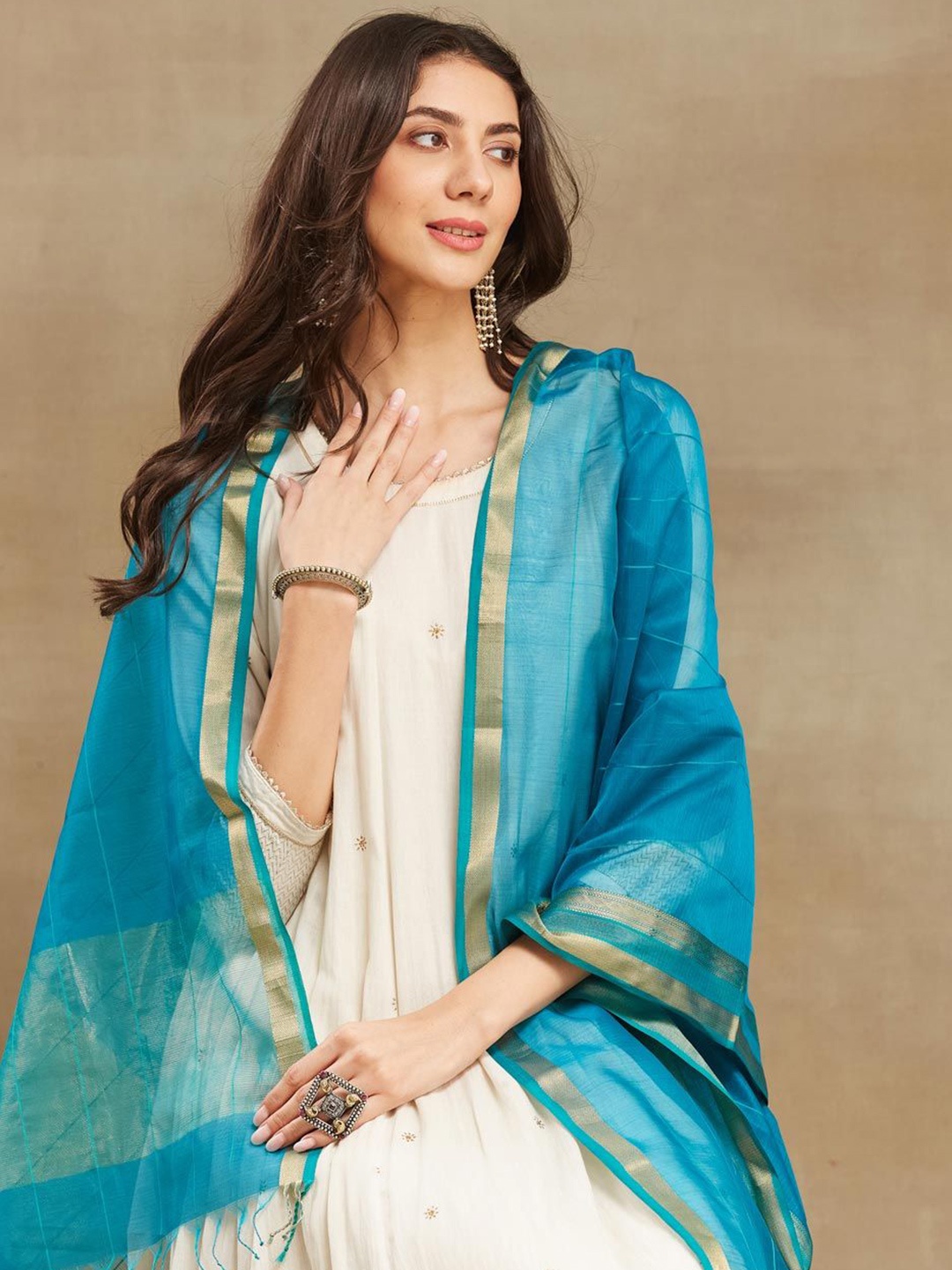 

Fabindia Striped Woven Design Cotton Silk Dupatta with Zari, Teal