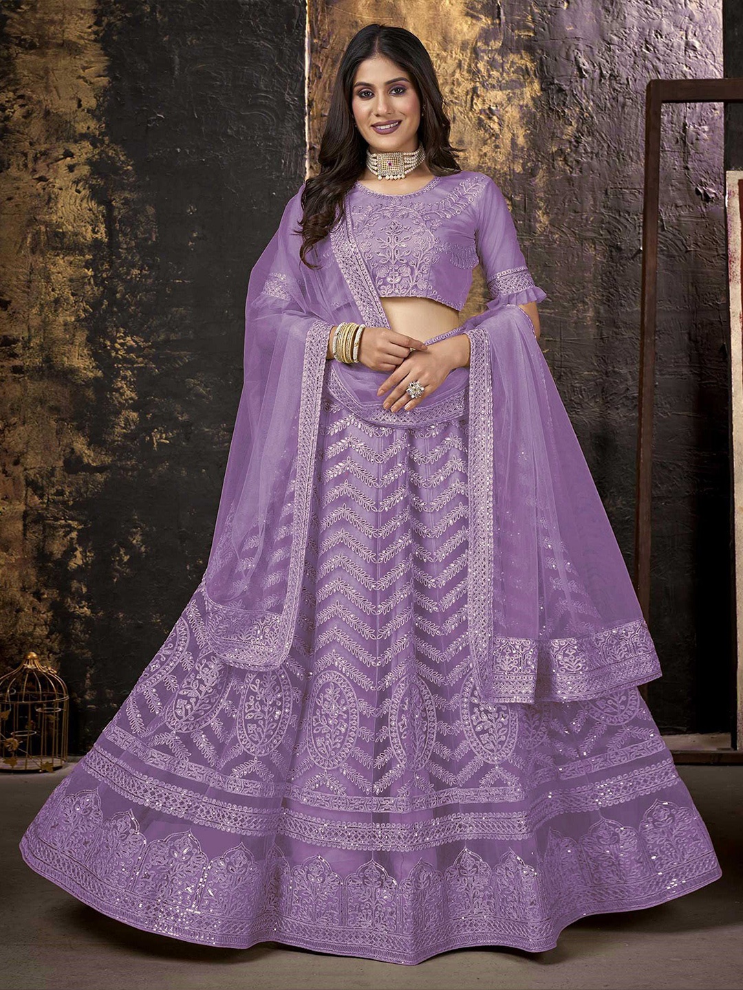 

Cute fellow Embroidered Sequinned Semi-Stitched Lehenga & Unstitched Blouse With Dupatta, Purple