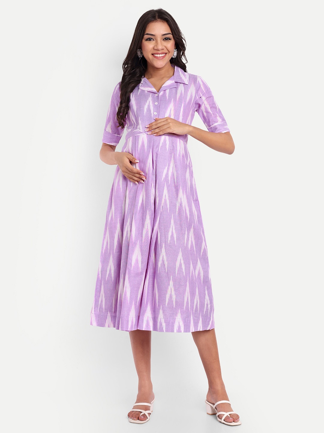 

THOTTIL Printed Shirt Collar Maternity Fit & Flare Midi Dress, Lavender