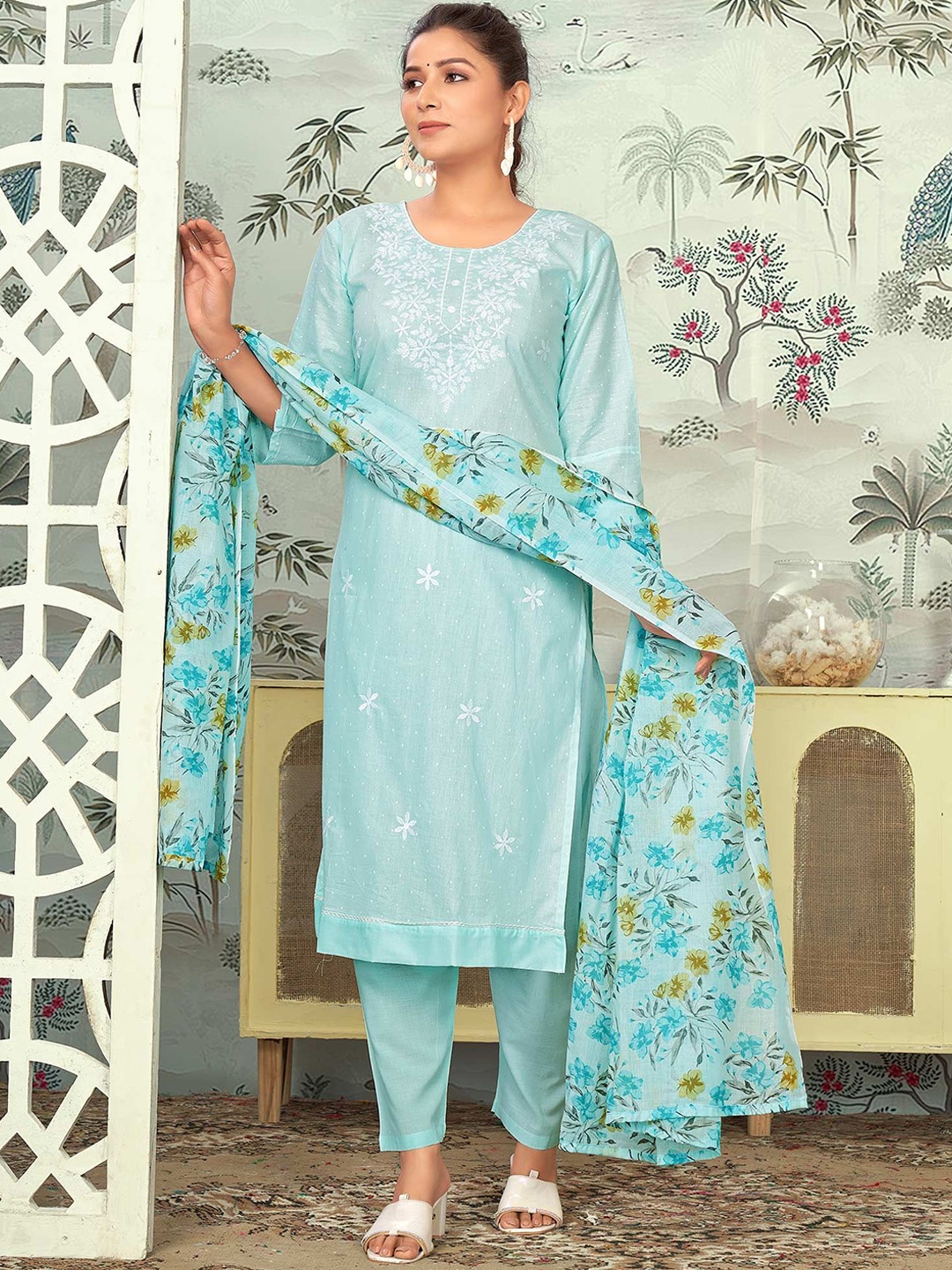 

Peachmode Floral Embroidered Thread Work Pure Cotton Kurta With Trousers & Dupatta, Blue