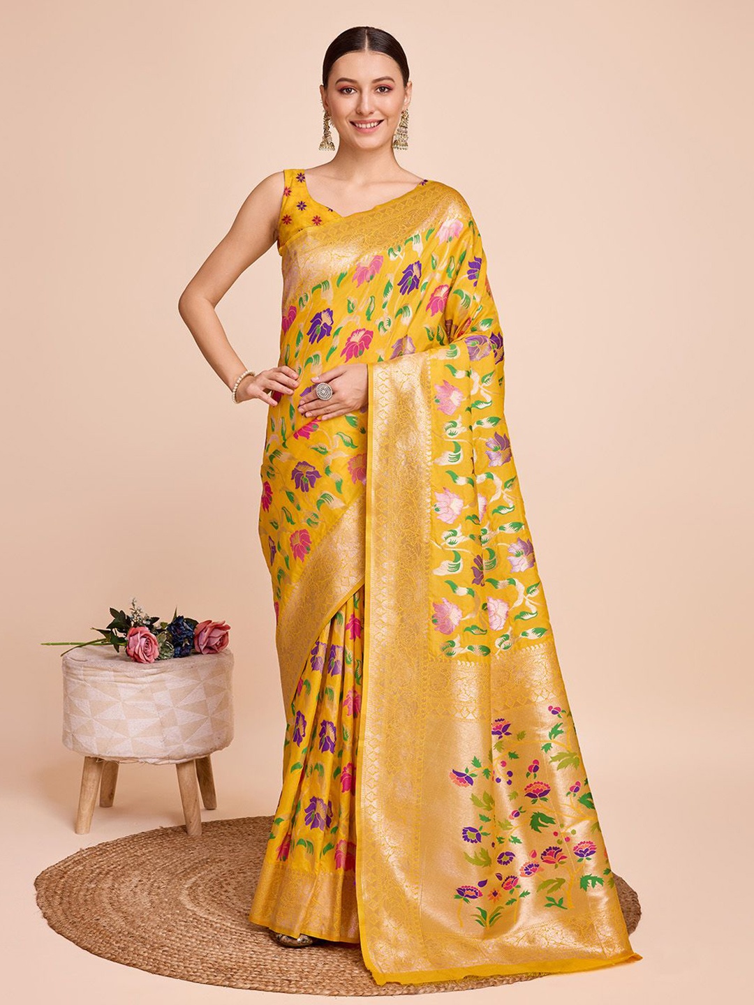 

bansari textiles Woven Design Floral Zari Paithani Saree, Yellow