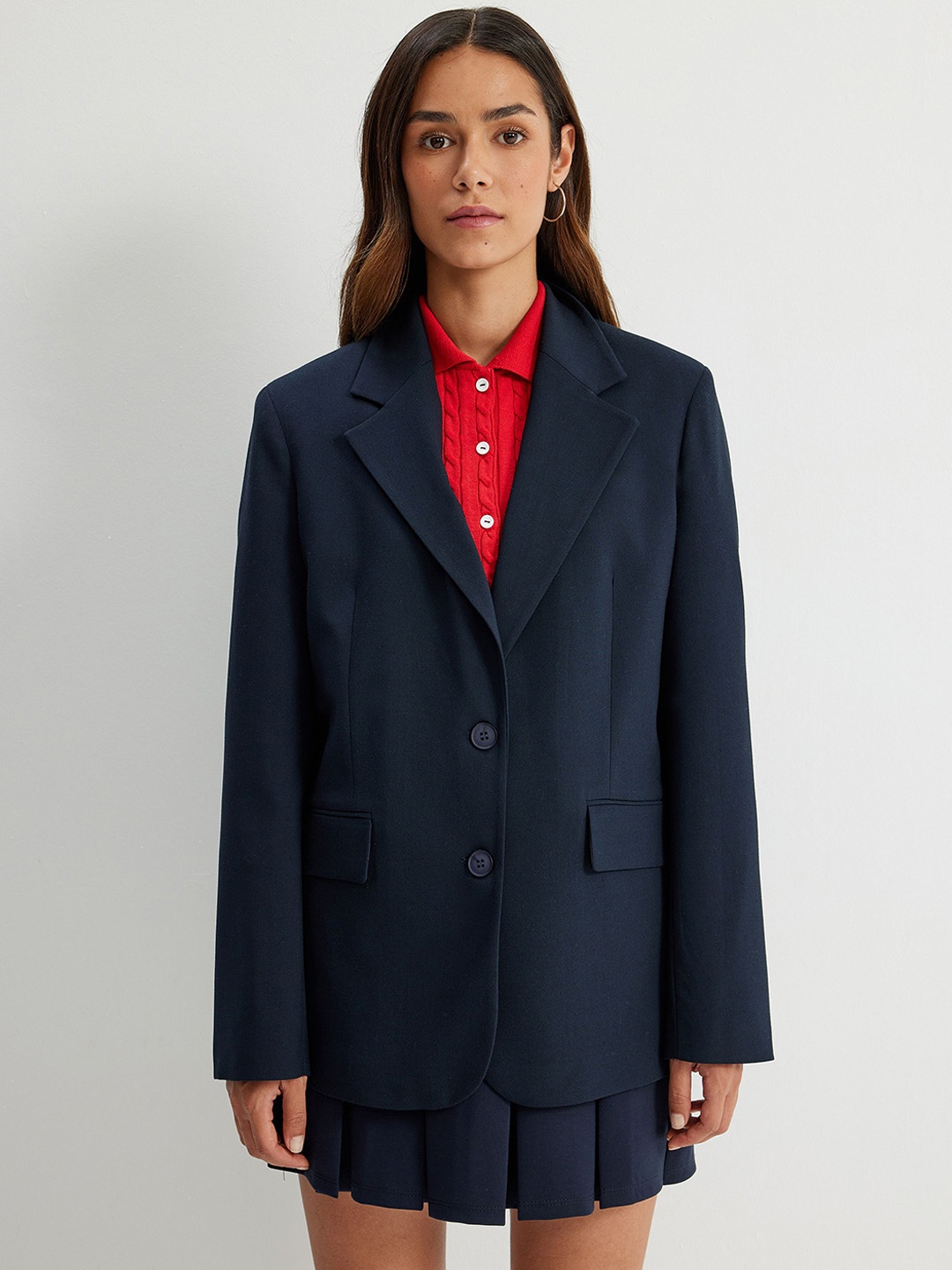 

Koton Women Solid Lapel Collar Longline Tailored Jacket, Navy blue