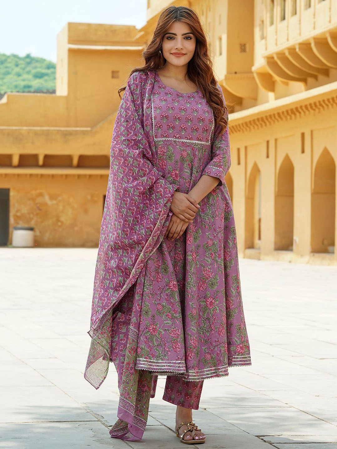 

KALINI Floral Printed Gotta Patti Pure Cotton Anarkali Kurta With Trousers & Dupatta, Mauve