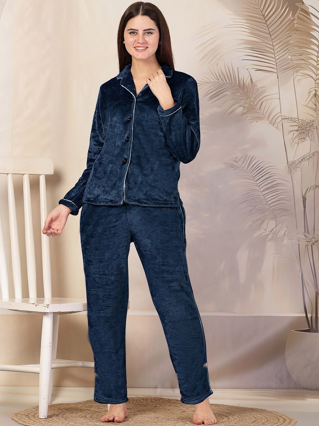 

FABINALIV Solid Lapel Collar Button Closure Winter Night Suit, Navy blue