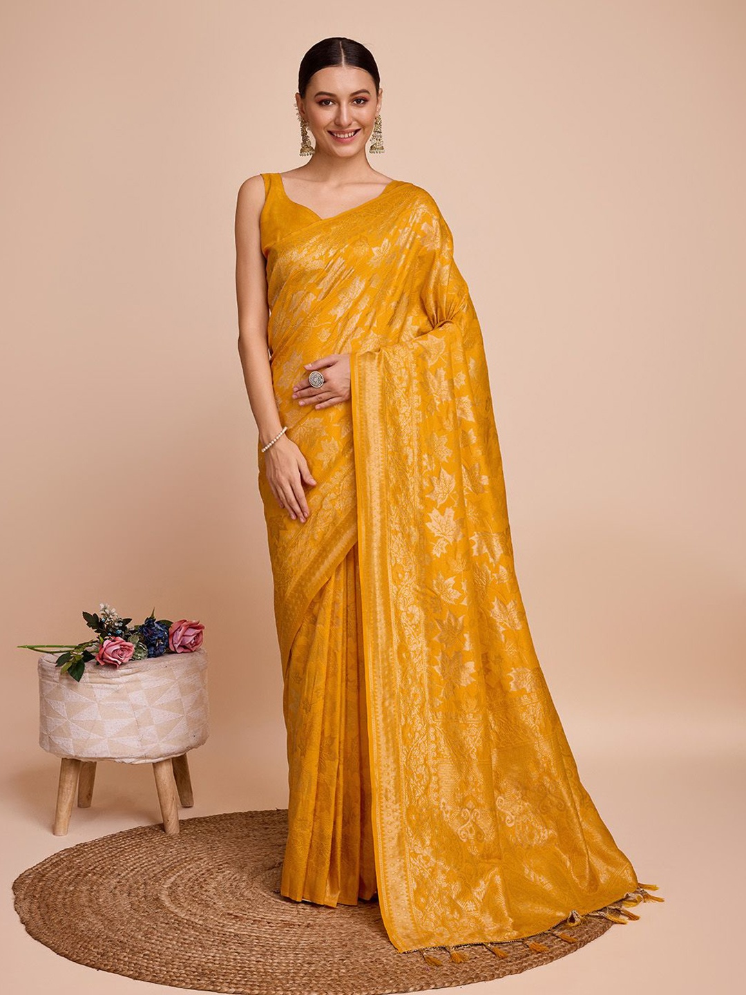 

bansari textiles Ethnic Motifs Woven Design Banarasi Saree, Yellow