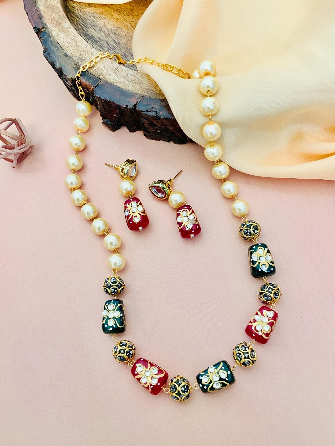 

ABDESIGNS Enchanting Gold-Plated Stone Studded & Beaded Jewellery Set