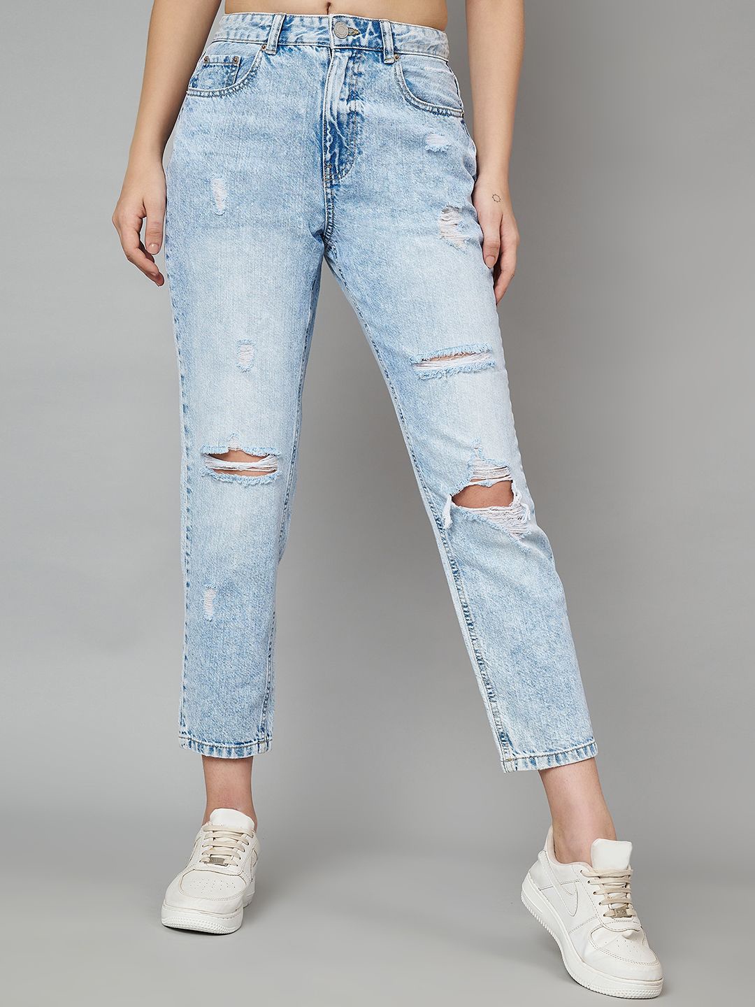 

Zaahii Women High-Rise Highly Distressed Heavy Fade Mom Fit Jeans, Blue