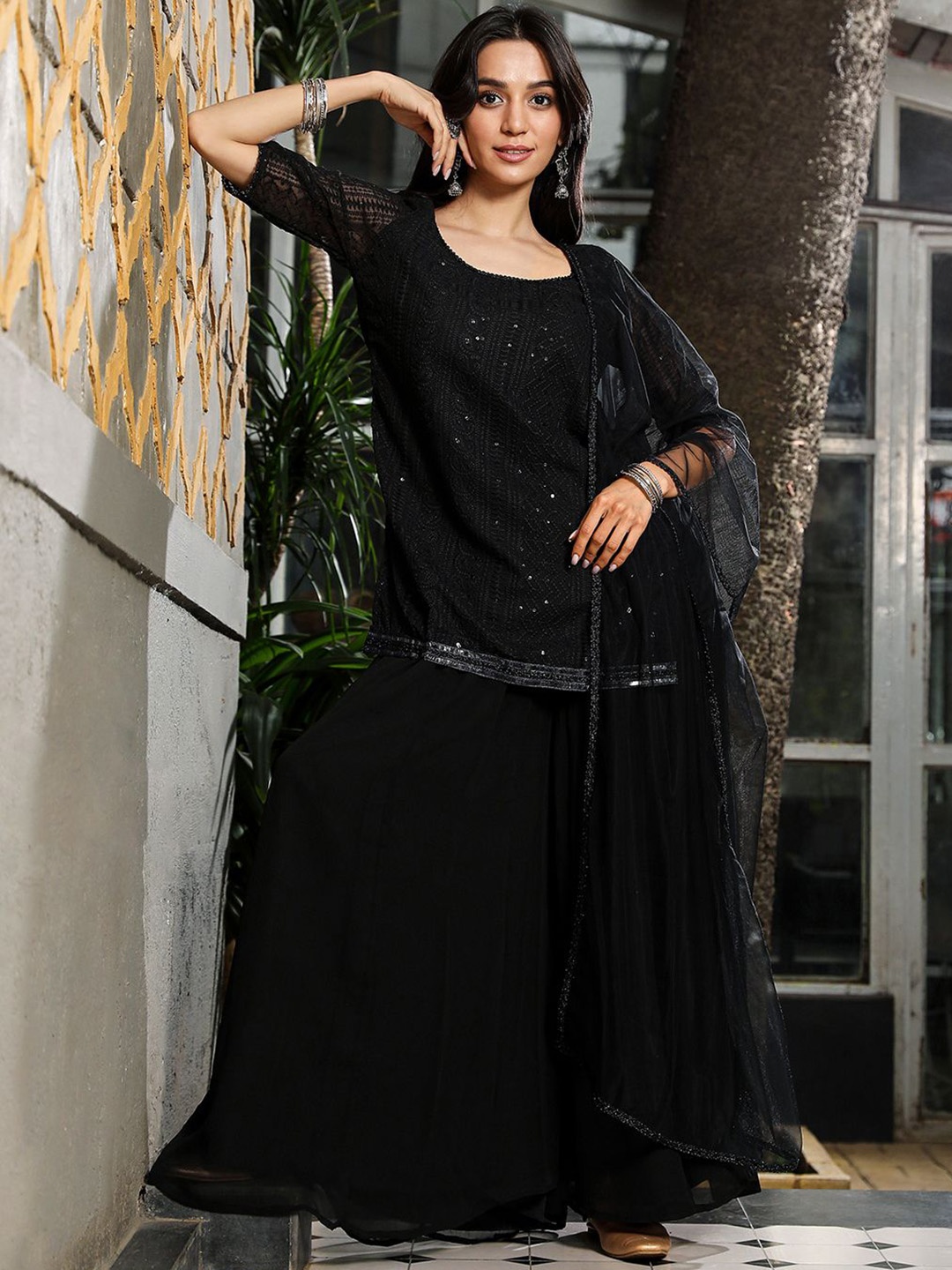 

QISSA Sequinned Embroidered Round Neck Straight Kurti & Palazzos With Dupatta, Black