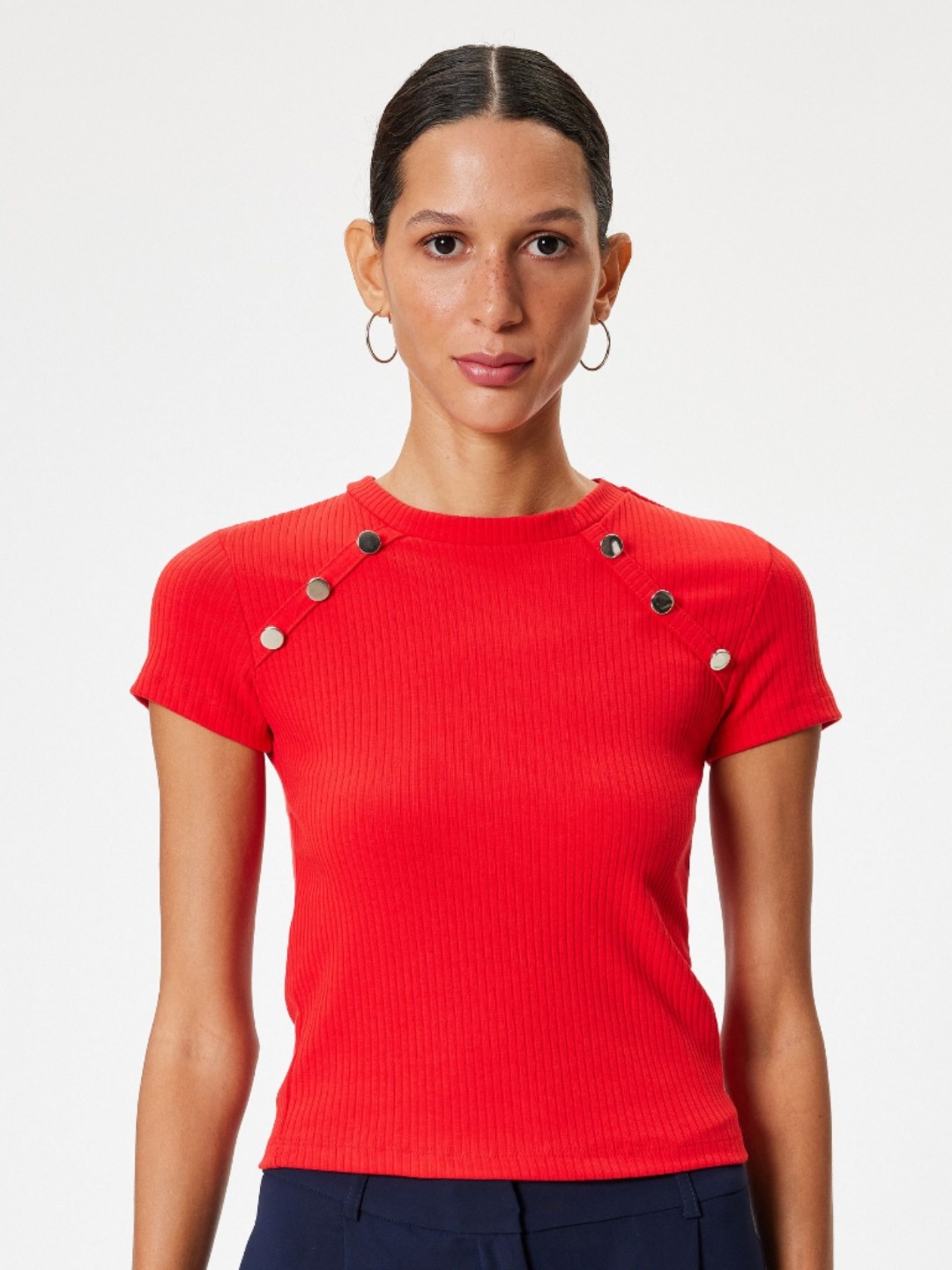 

Koton Women Solid Round Neck Cotton Slim Fit T-Shirt, Red