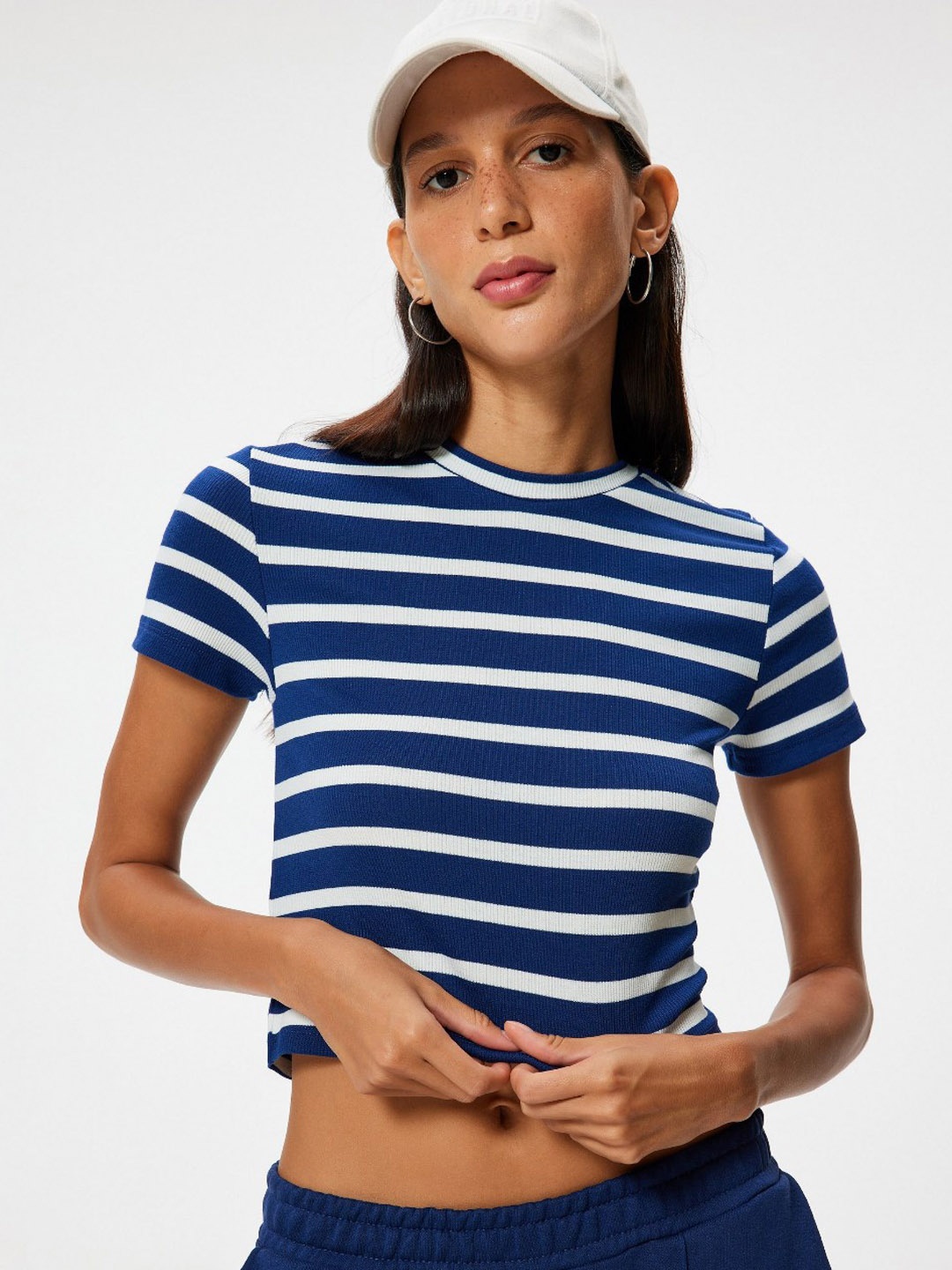 

Koton Women Striped Round Neck Slim Fit T-Shirt, Navy blue