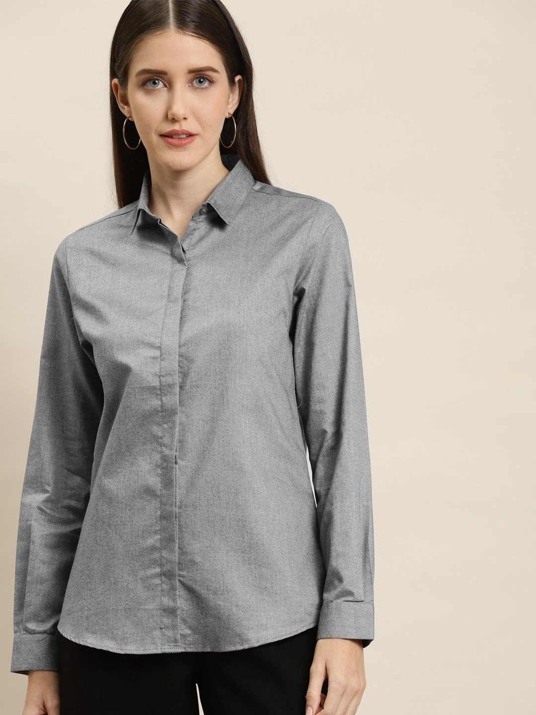 

Hancock Women Spread Collar Solid Slim Fit Formal Shirt, Grey