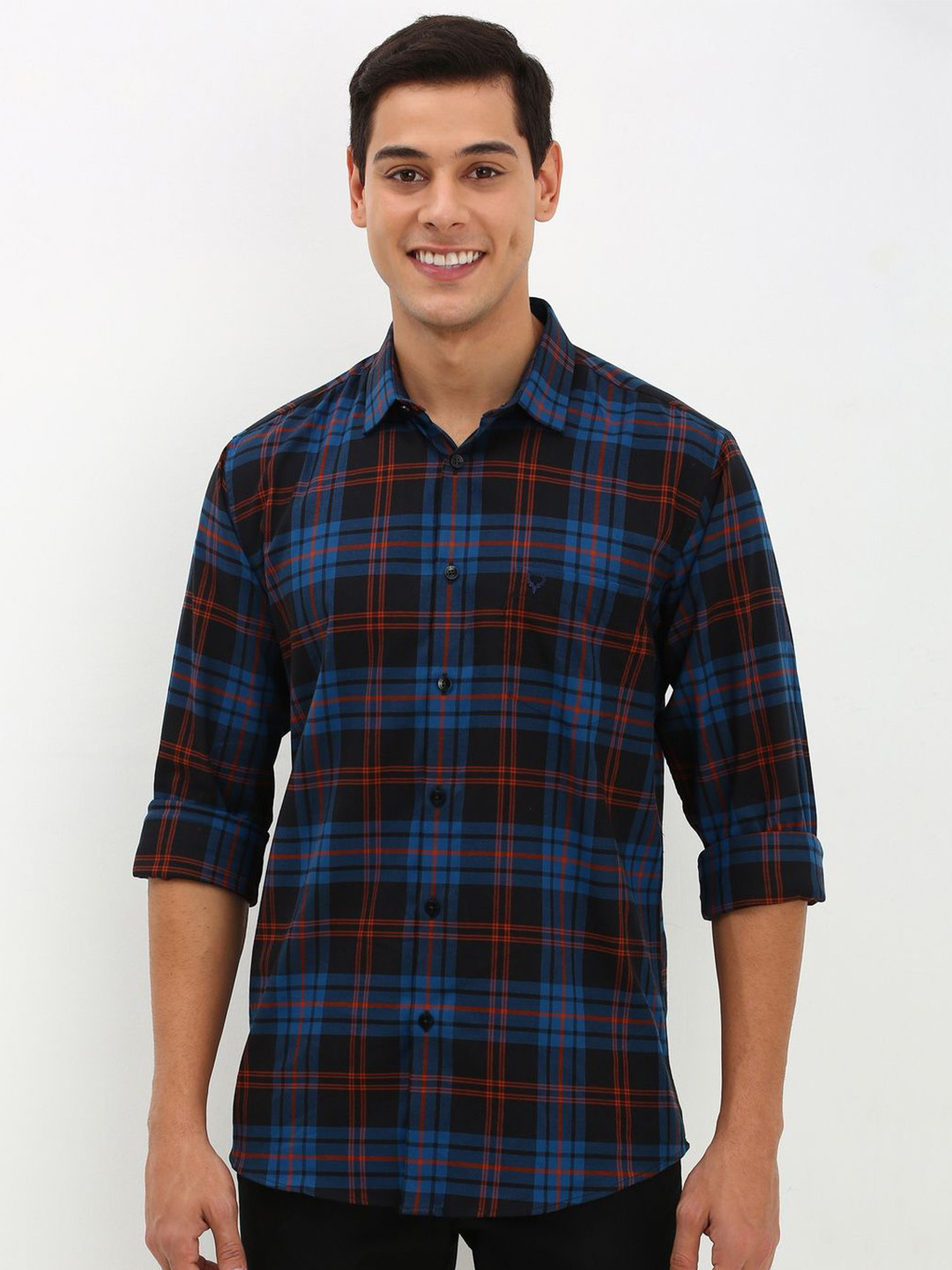 

Allen Solly Men Spread Collar Tartan Checked Cotton Slim Fit Casual Shirt, Black