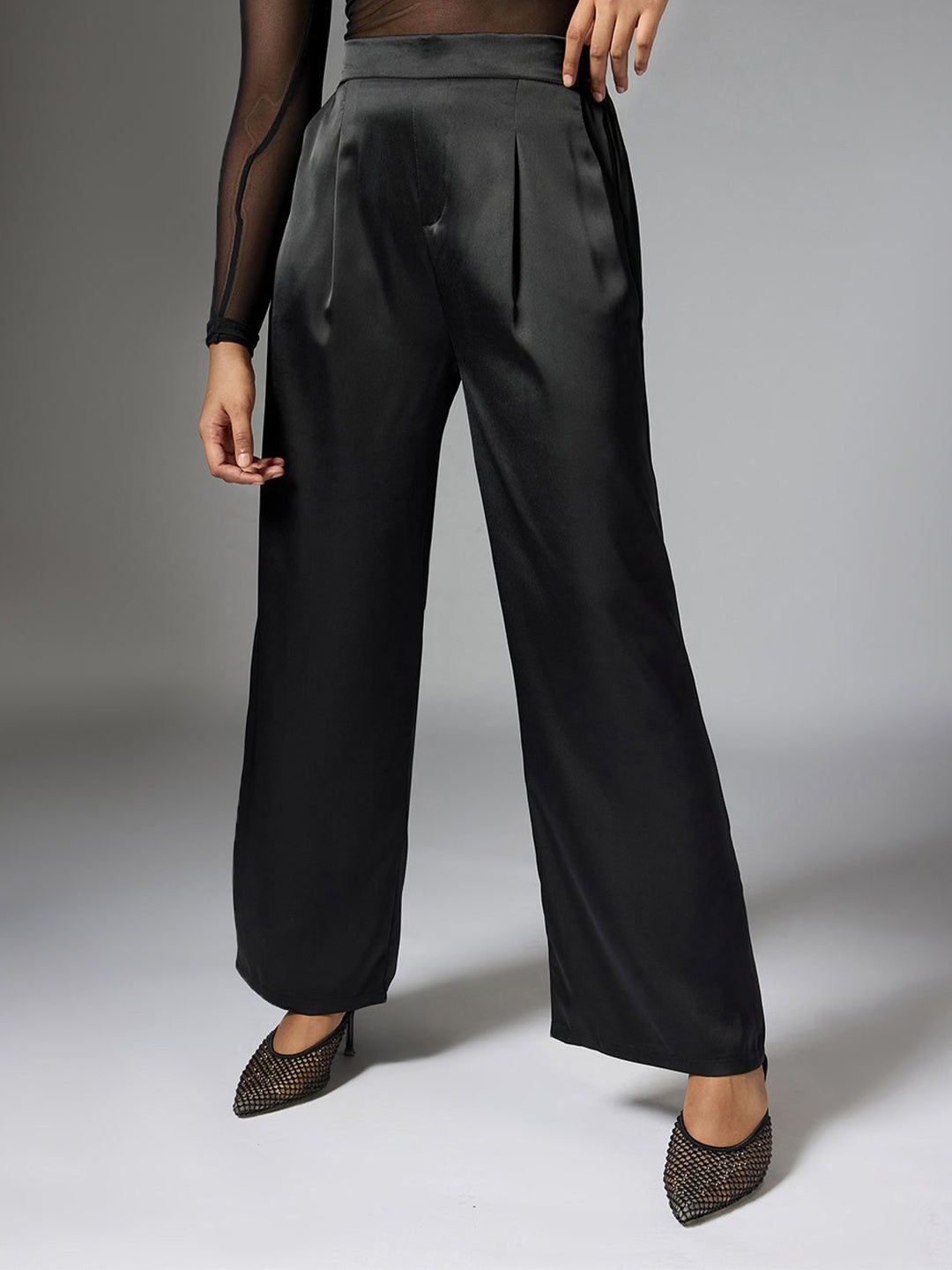 

FREAKINS Shadow Black Satin Straight Korean Pants