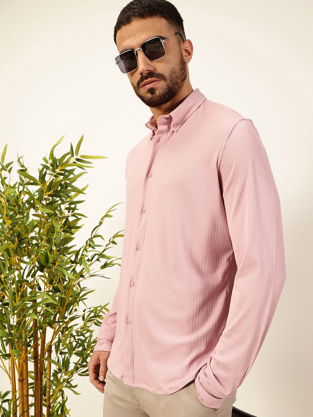 

Thomas Scott Men Premium Slim Fit Vertical Stripes Textured Casual Shirt, Pink