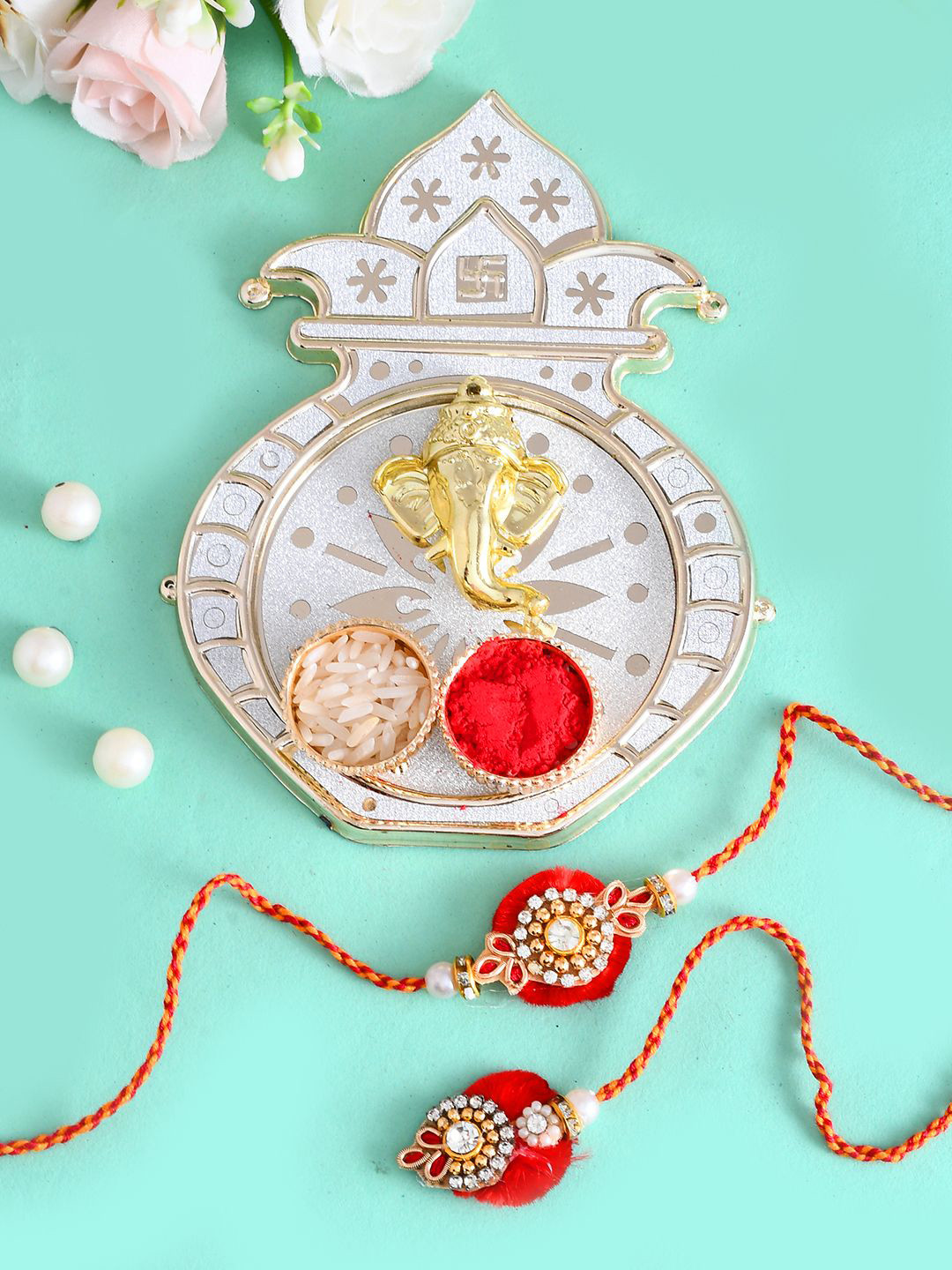 

Aapno Rajasthan Set of 2 Beaded Bhaiya Bhabhi Rakhi With Pooja Thai And Roli Chawal, Red