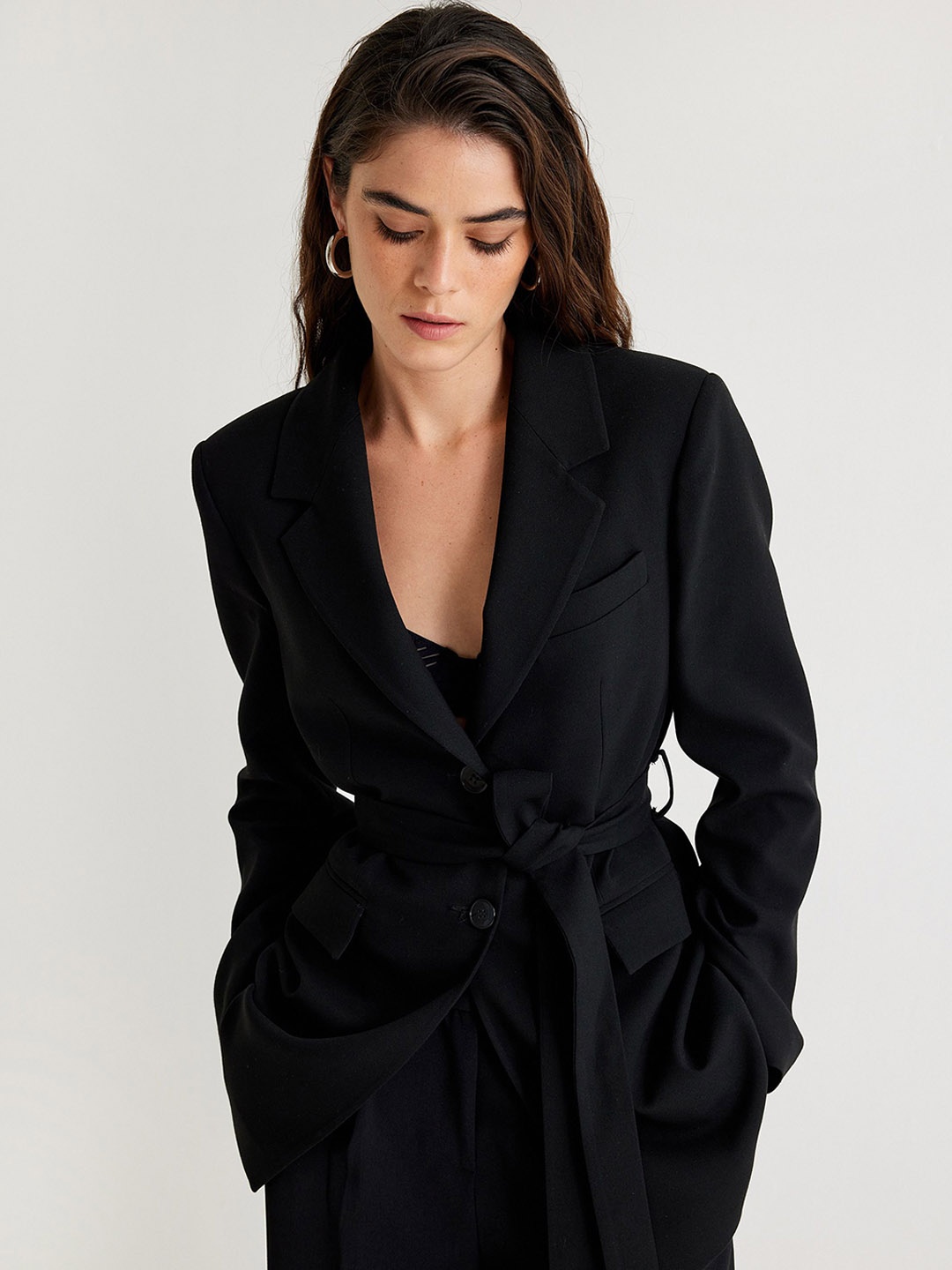 

Koton Women Solid Longline Open Front Jacket, Black