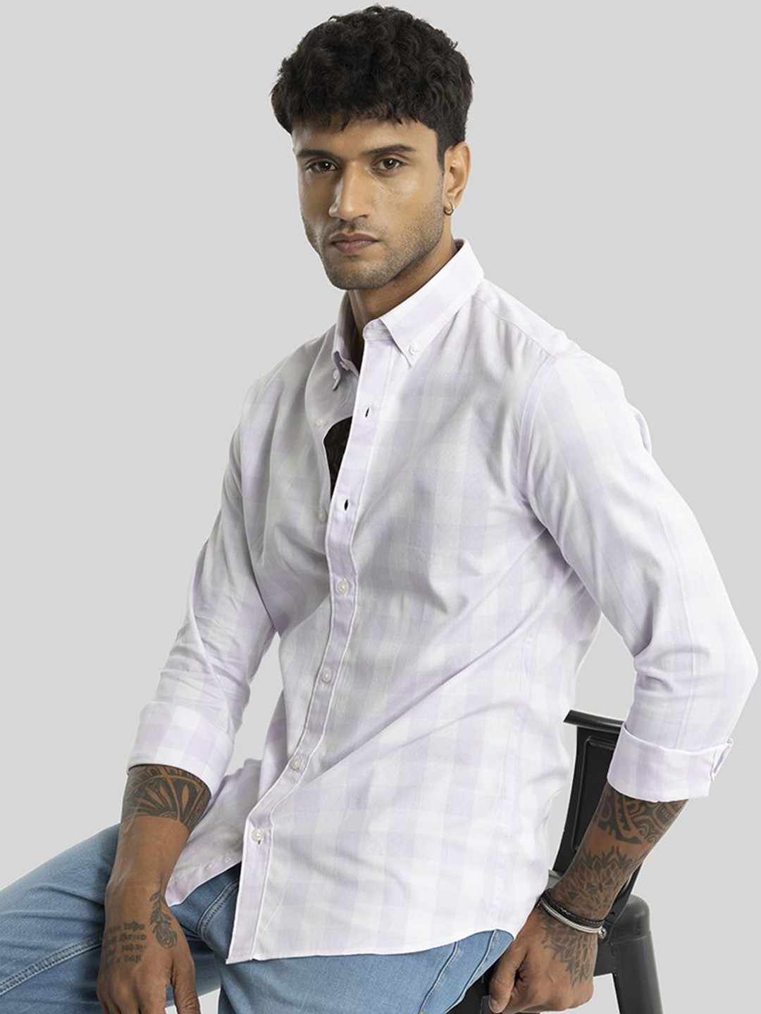 

Snitch Men Smart Slim Fit Striped Button-Down Collar Casual Shirt, Lavender