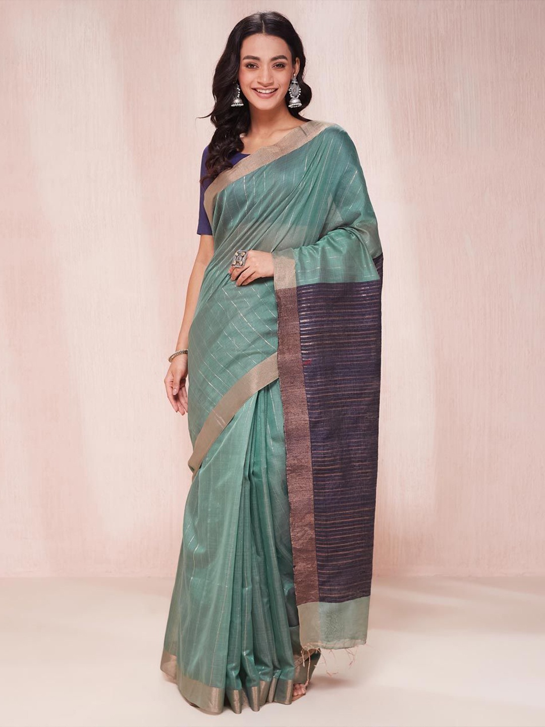 

Fabindia Woven Design Striped Zari Silk Cotton Saree, Green