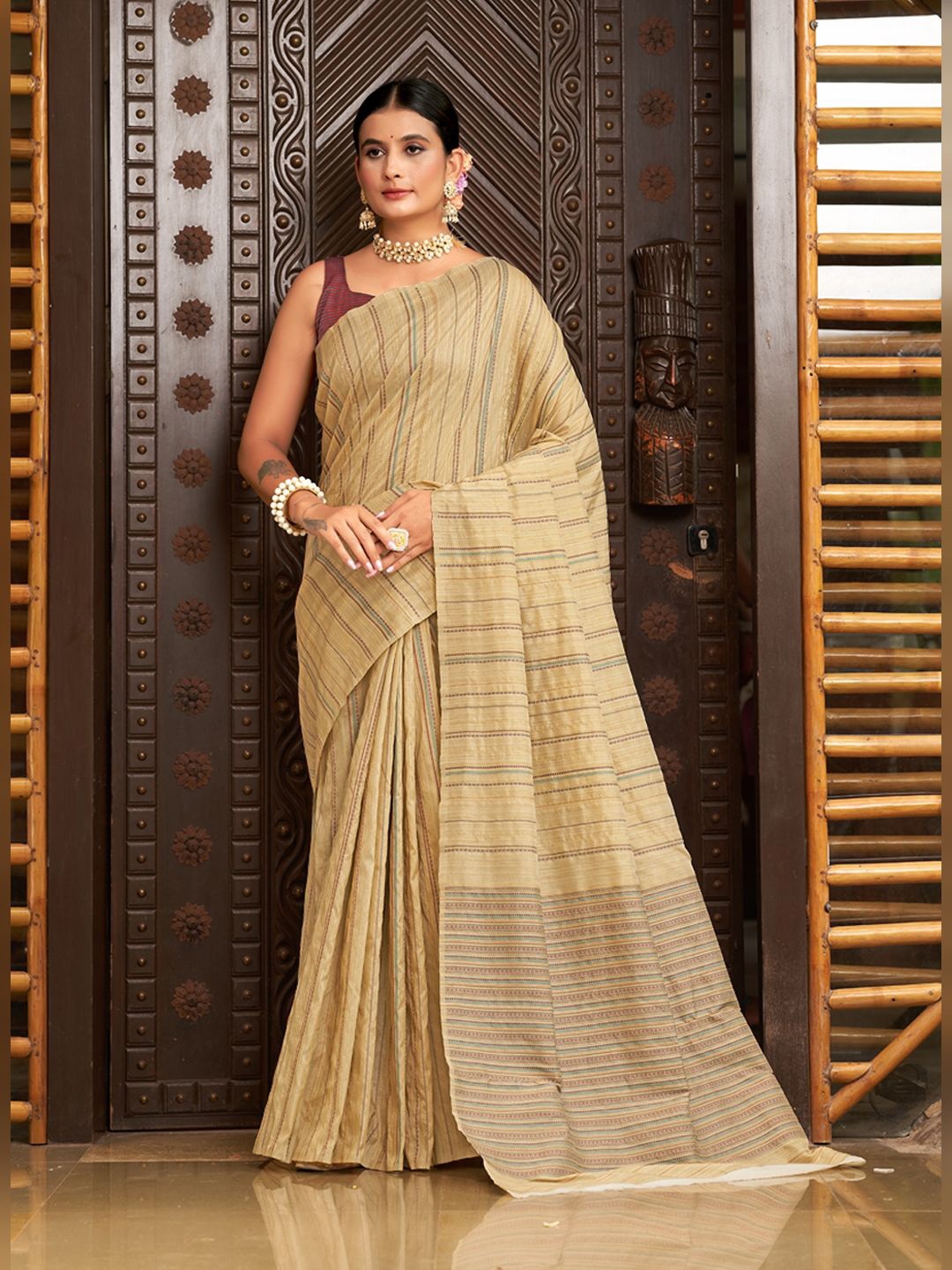 

SGF11 Pure Zari Heavy Work Tissue Silk Saree, Beige