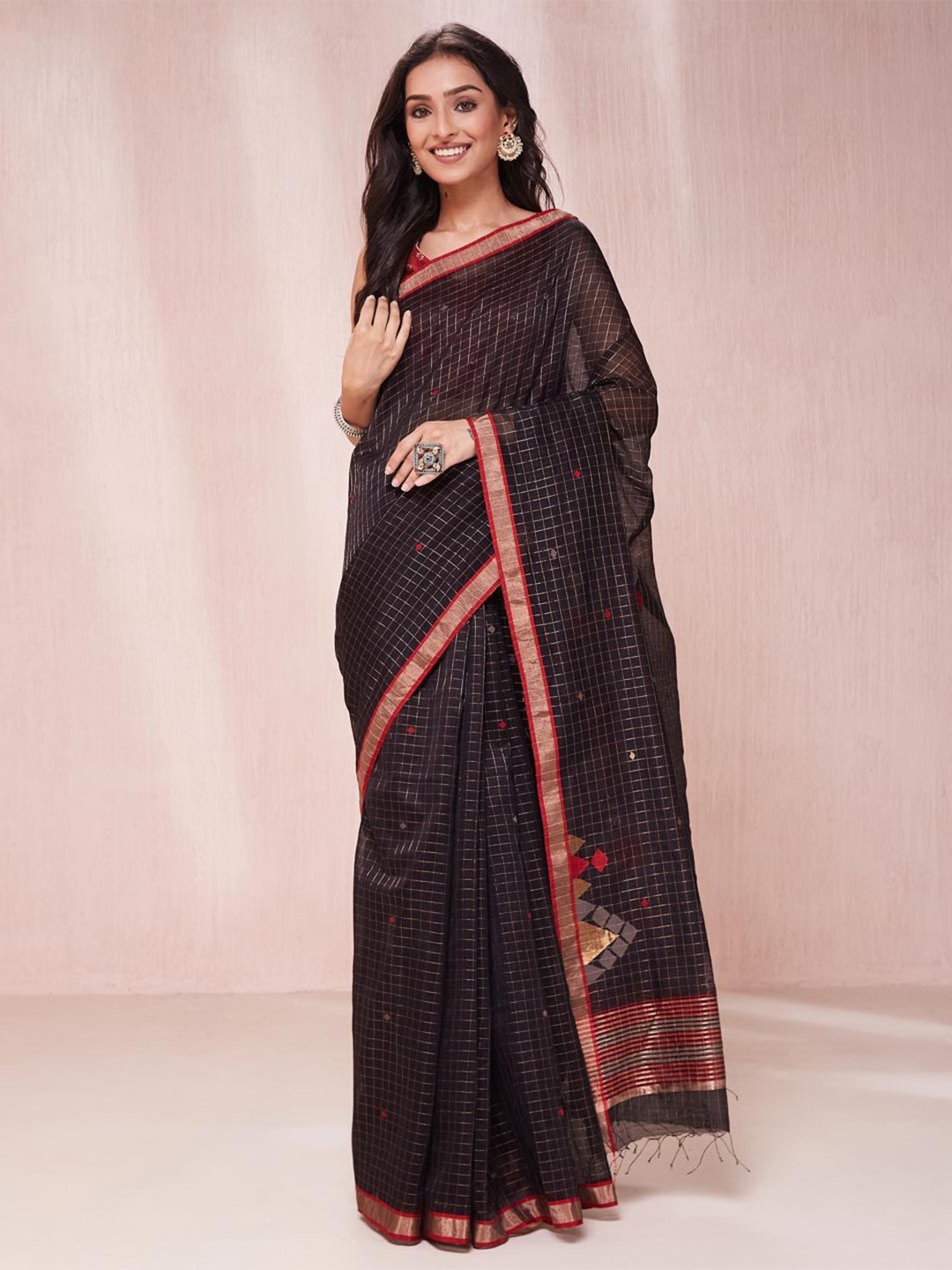 

Fabindia Checked Zari Jamdani Saree, Black