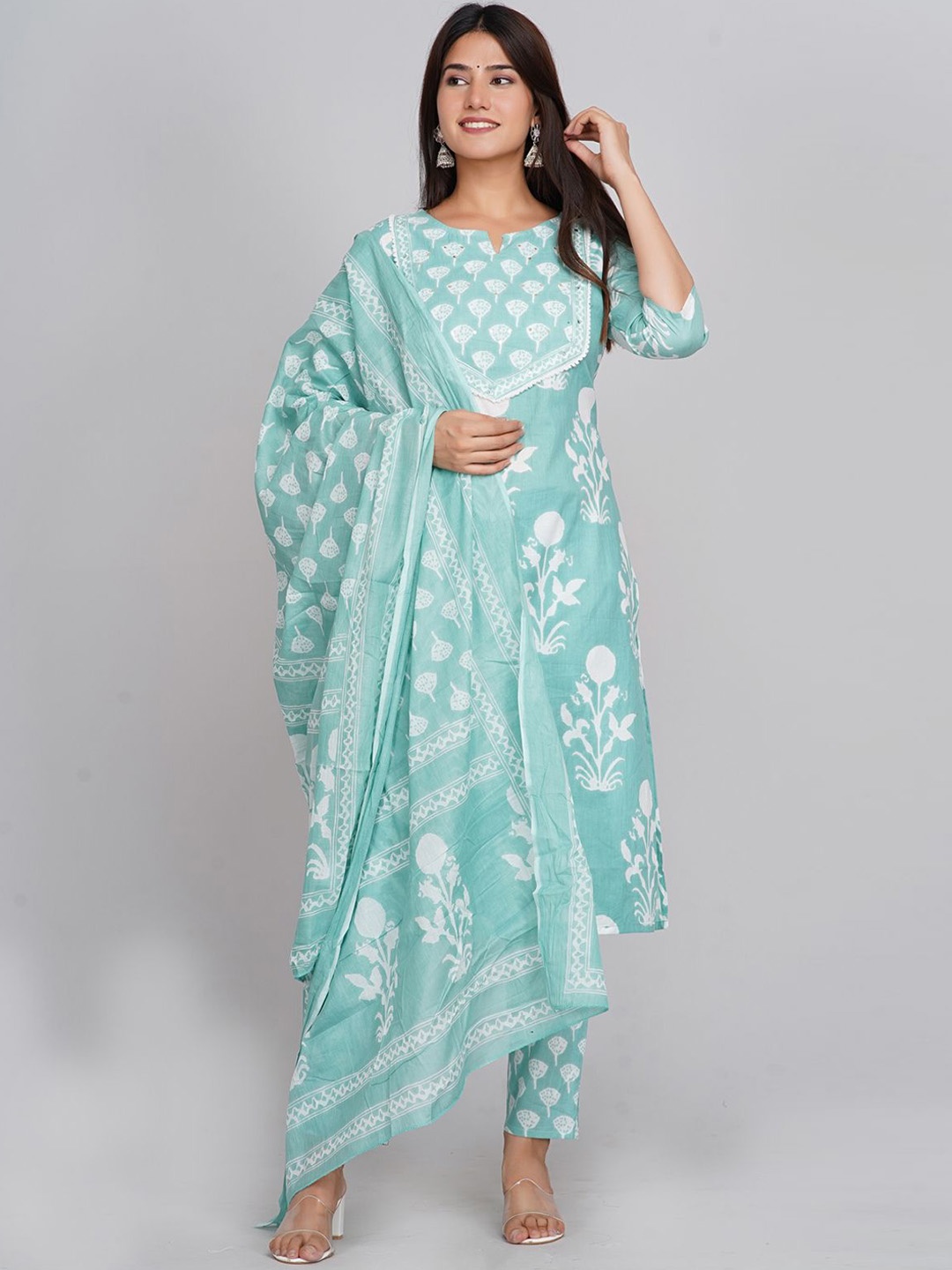 

Neemiya Floral Printed Mirror Work Straight Kurta with Trousers & Dupatta, Sea green