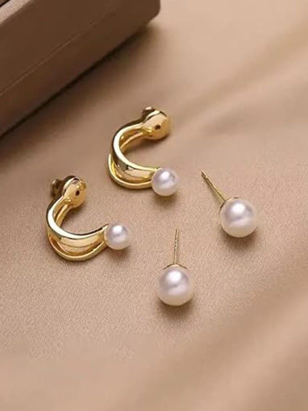 

CareDone Gold-Plated Pearls Beaded Contemporary Double Layer Studs