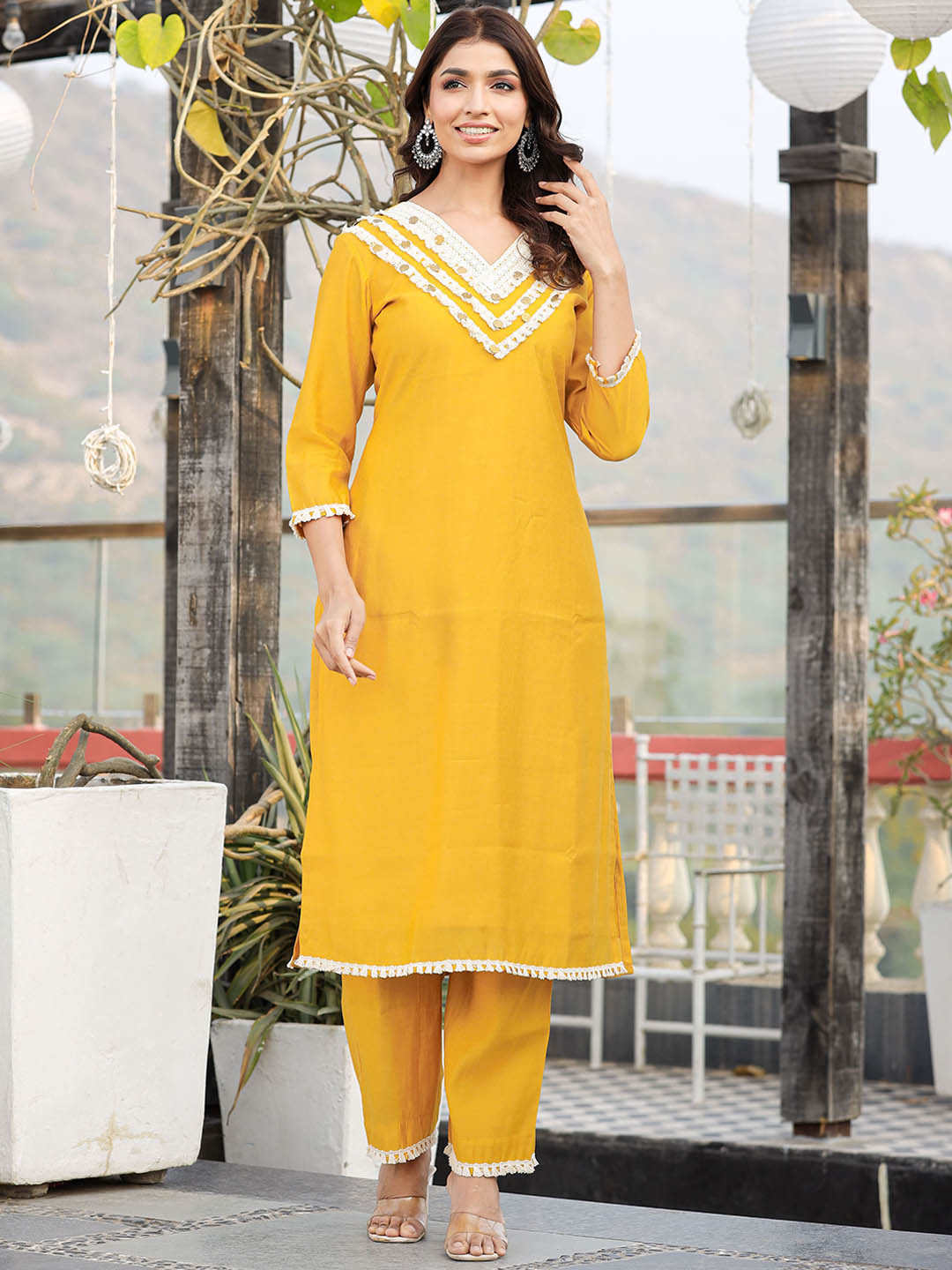 

LALI JAIPUR Thread Work Kurta with Trousers, Mustard