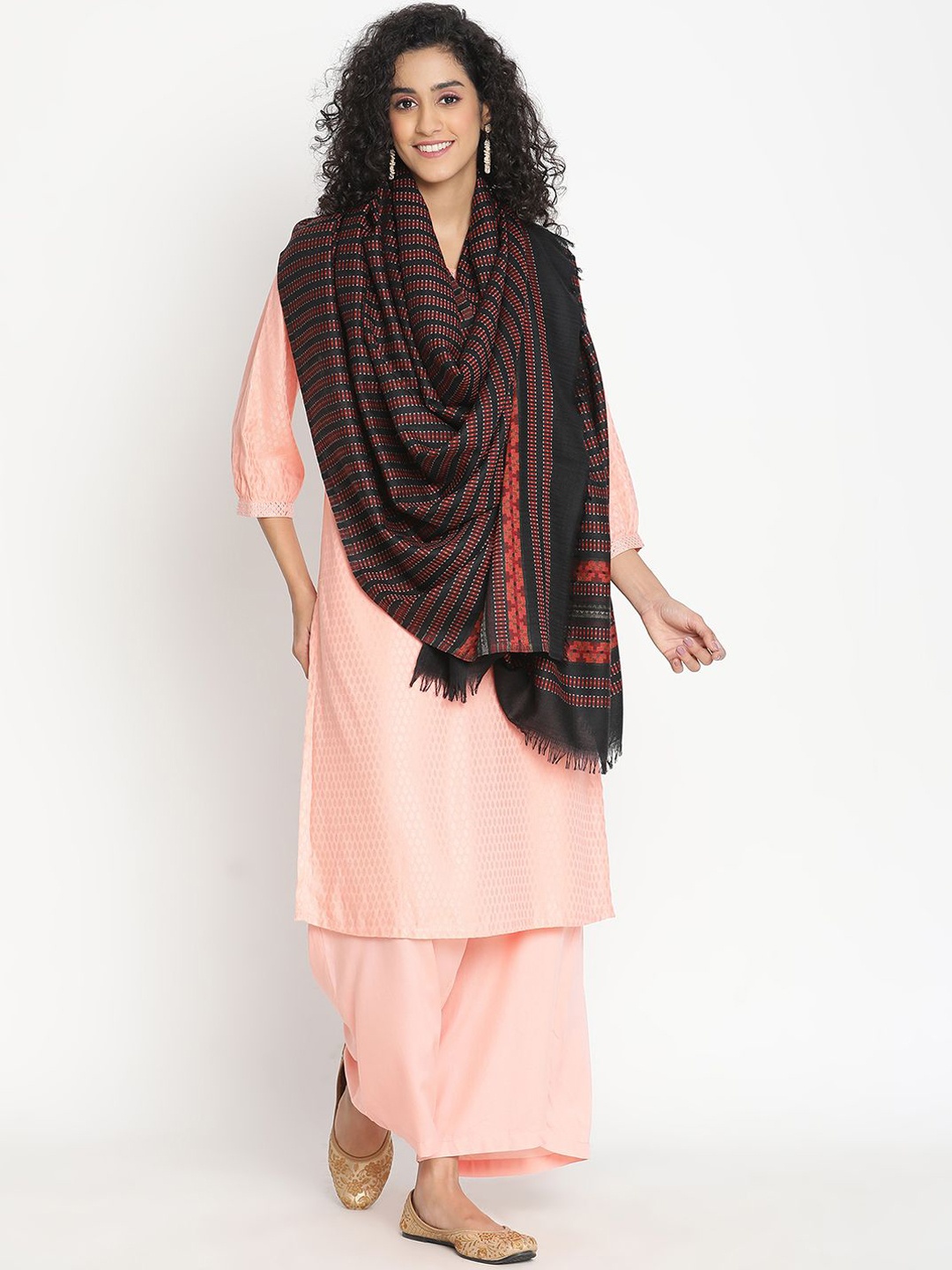 

SHINGORA Women Striped Woven Design Woollen Shawl, Black