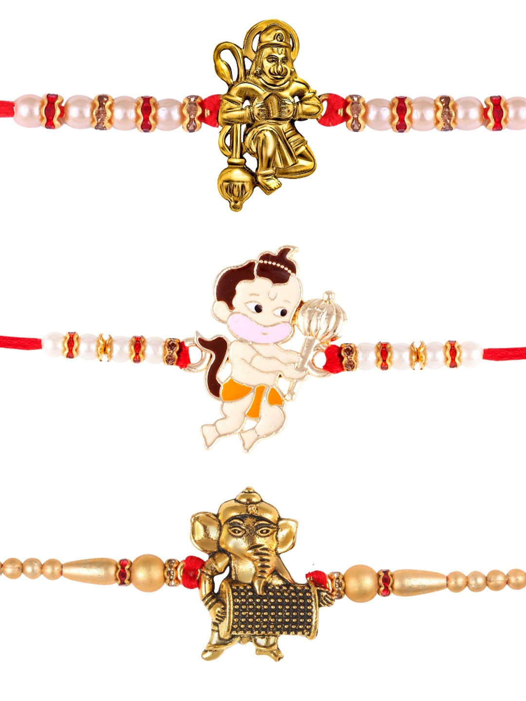 

Vighnaharta Kids Set of 3 Gold and Rhodium Plated Ganesh Hanuman krishana Thread Rakhis, Red