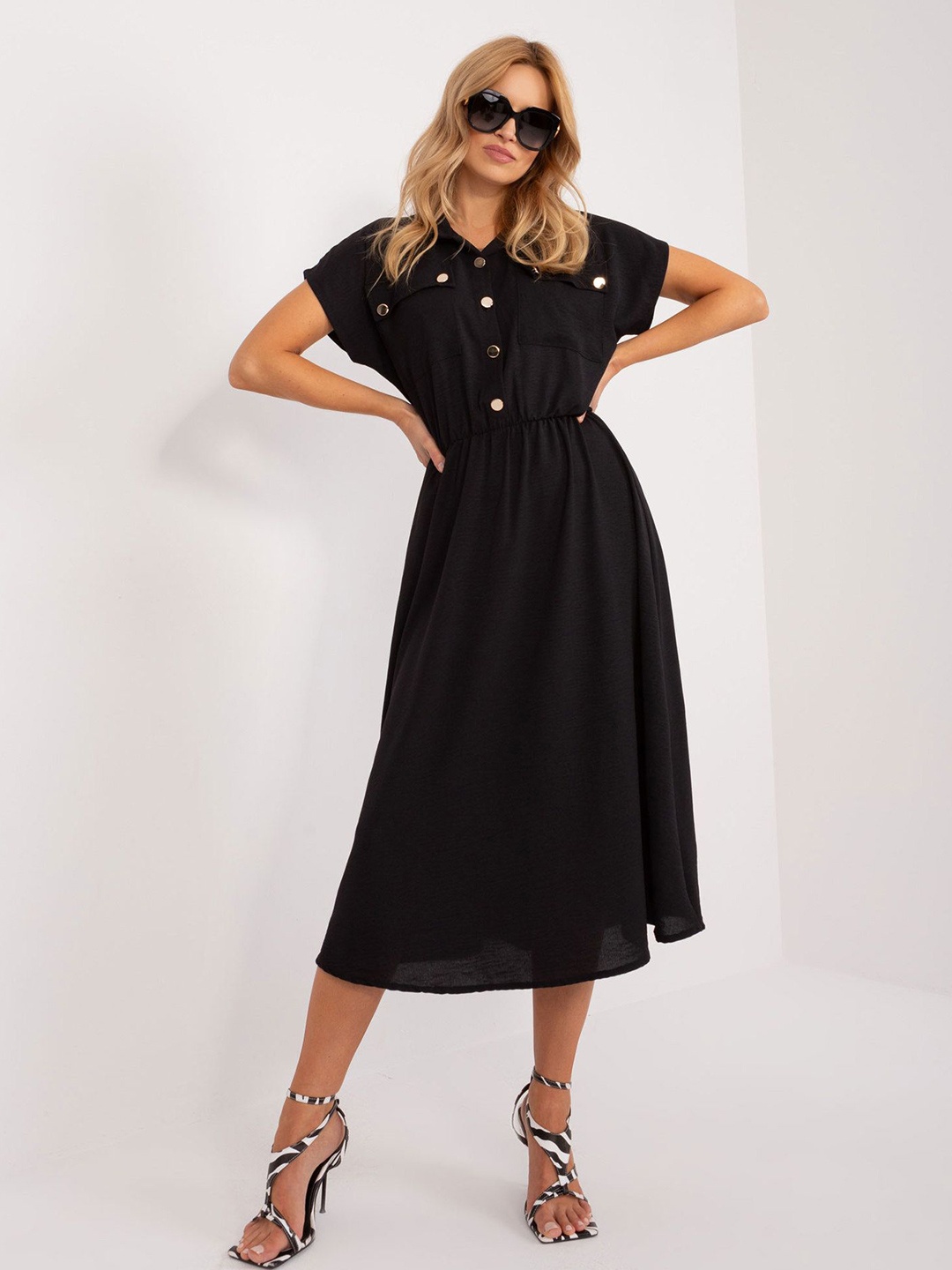 

StyleCast x Revolte Shirt Collar Georgette Fit & Flare Midi Dress, Black