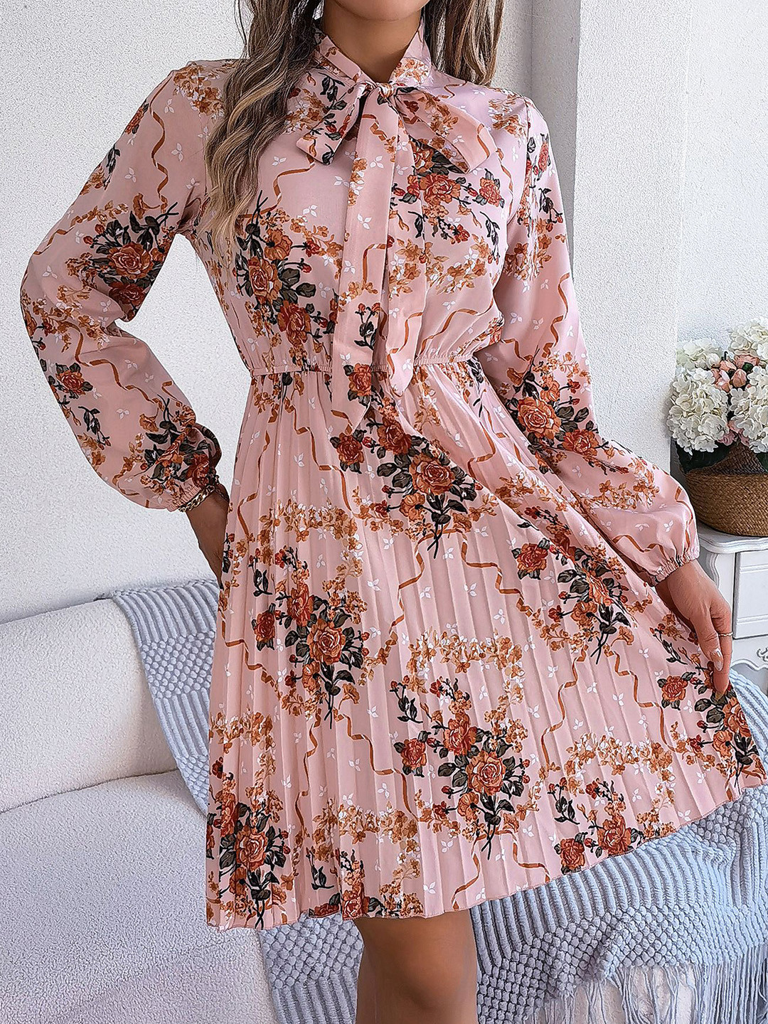 

StyleCast x Revolte Polyester Floral Printed Puff Sleeve Floral Fit and Flare Dress, Pink