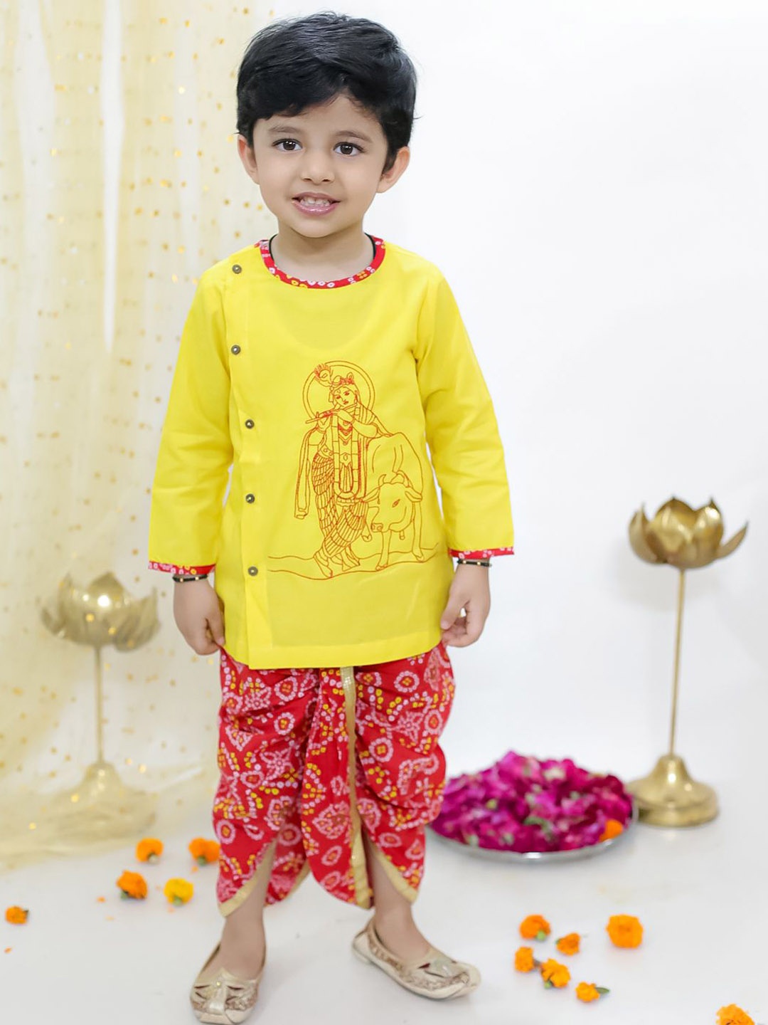 

KID1 Boys Krishna Printed Pure Cotton Angrakha Kurta with Dhoti Pants, Yellow