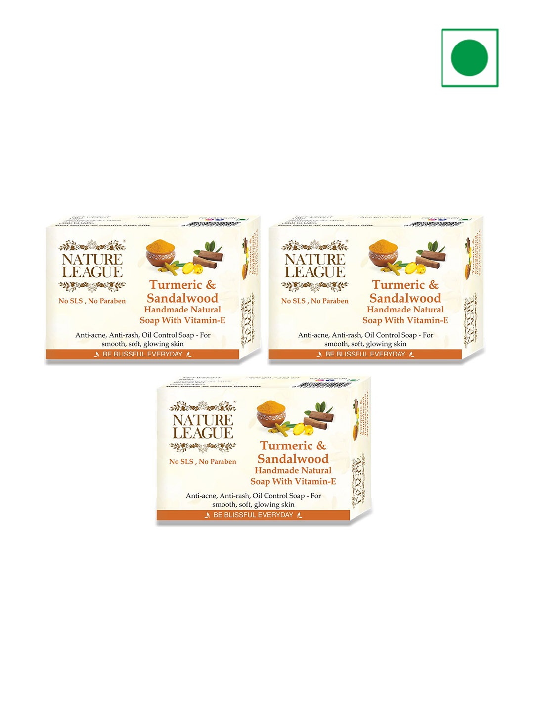 

NATURE LEAGUE Set Of 3 Turmeric & Sandalwood Deep Cleansing Soap-100g Each, Yellow